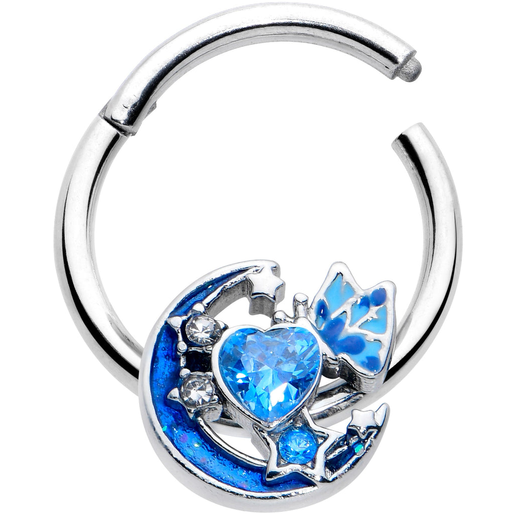BodyCandy 16G 3/8 Blue CZ Gem Butterfly Love Heart Hinged Segment Ring — detail close-up