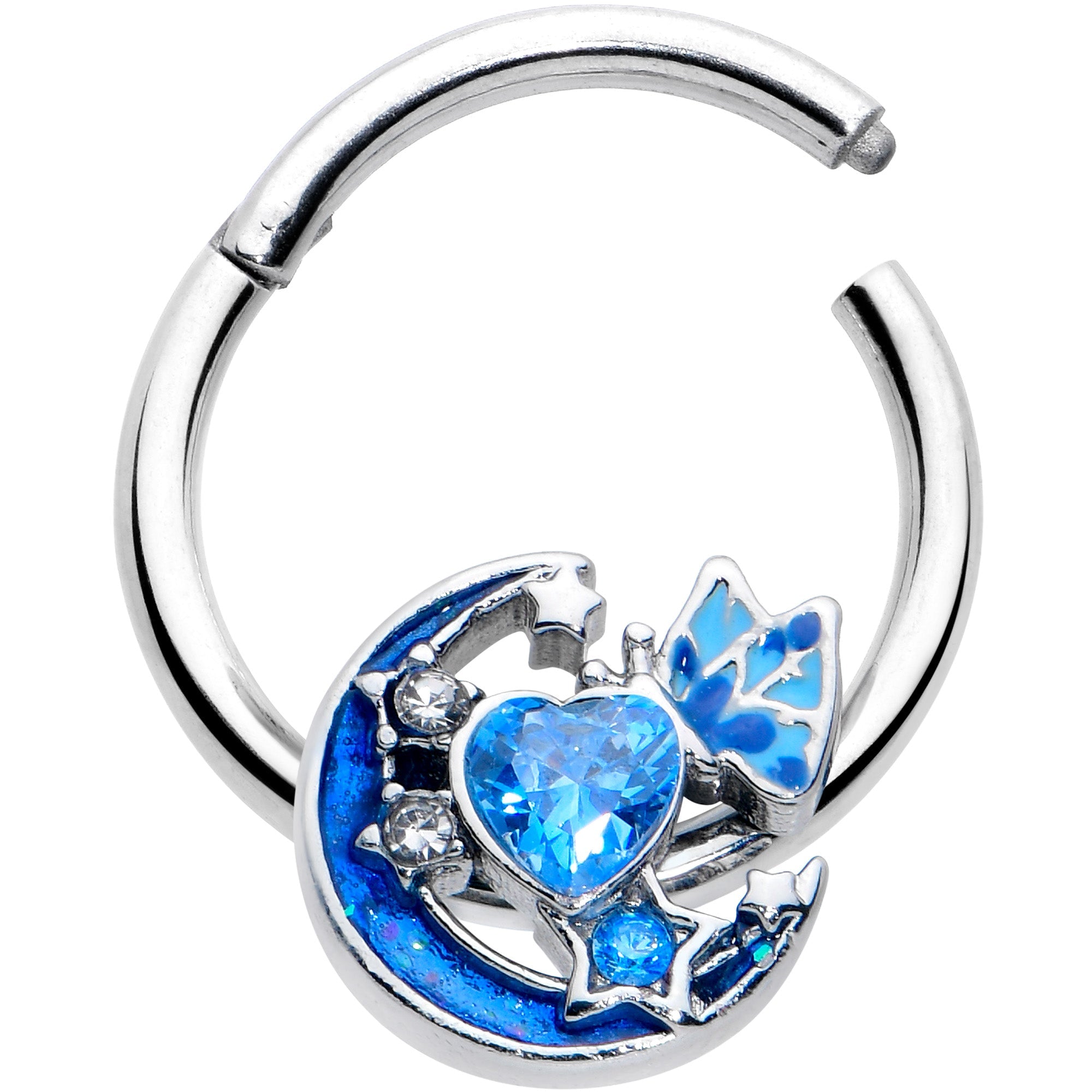 BodyCandy 16G 3/8 Blue CZ Gem Butterfly Love Heart Hinged Segment Ring — detail close-up