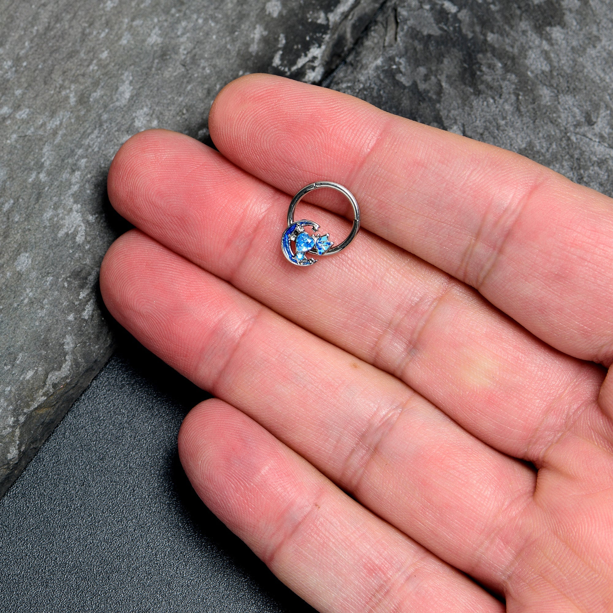 BodyCandy 16G 3/8 Blue CZ Gem Butterfly Love Heart Hinged Segment Ring — lifestyle context