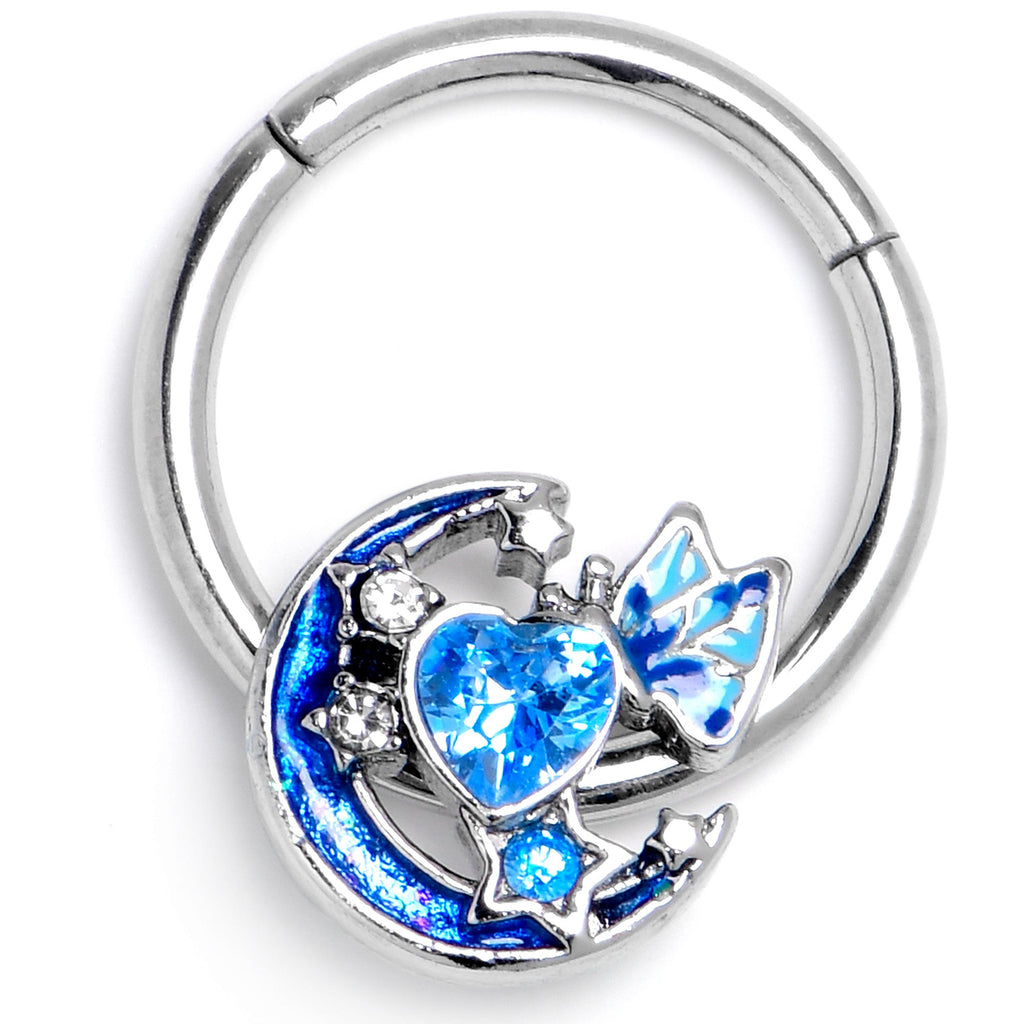 BodyCandy 16G 3/8 Blue CZ Gem Butterfly Love Heart Hinged Segment Ring — side view