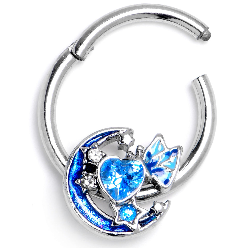 BodyCandy 16G 3/8 Blue CZ Gem Butterfly Love Heart Hinged Segment Ring — back view