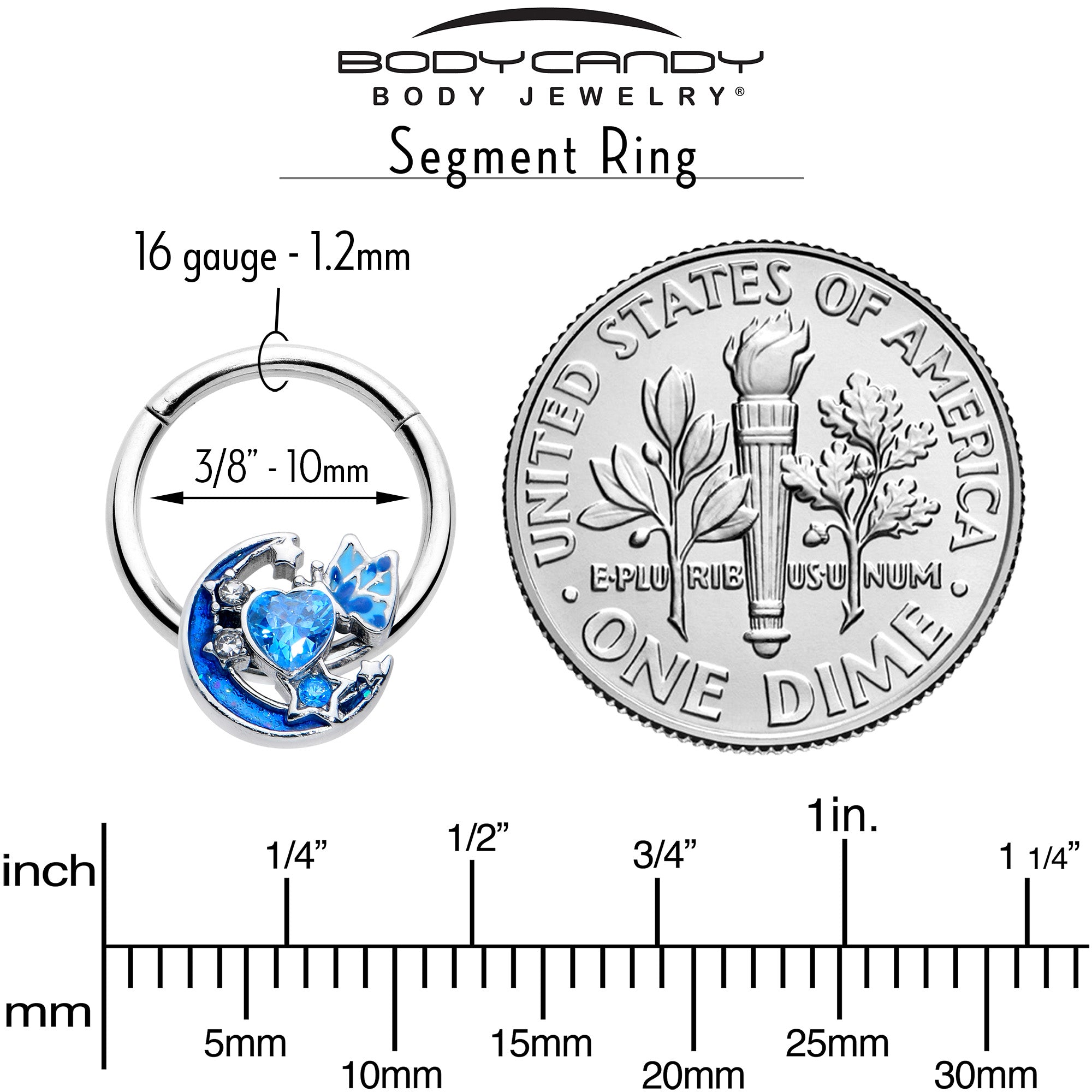 BodyCandy 16G 3/8 Blue CZ Gem Butterfly Love Heart Hinged Segment Ring — alternative angle