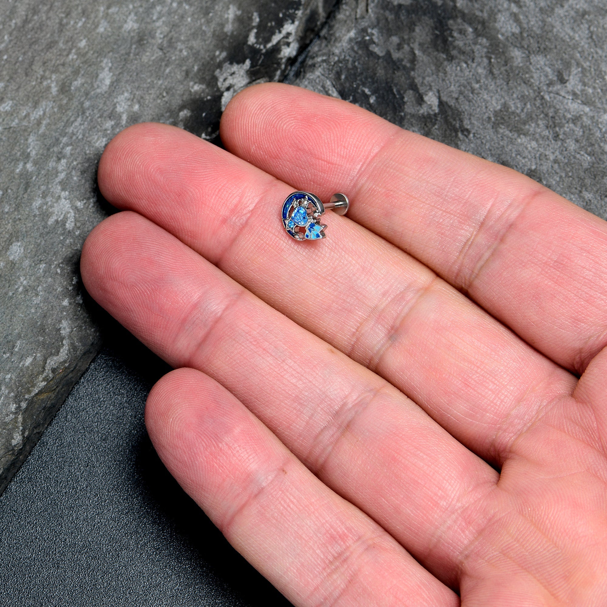BodyCandy 16G 5/16 Blue CZ Gem Butterfly Love Heart Labret Monroe Tragus — side view