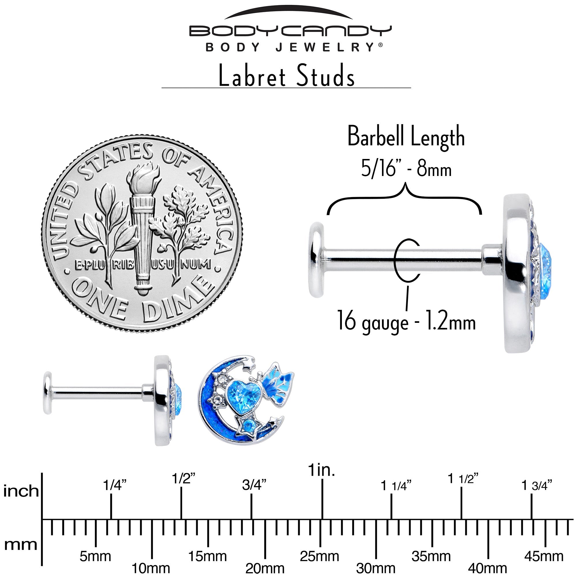 BodyCandy 16G 5/16 Blue CZ Gem Butterfly Love Heart Labret Monroe Tragus — alternative angle