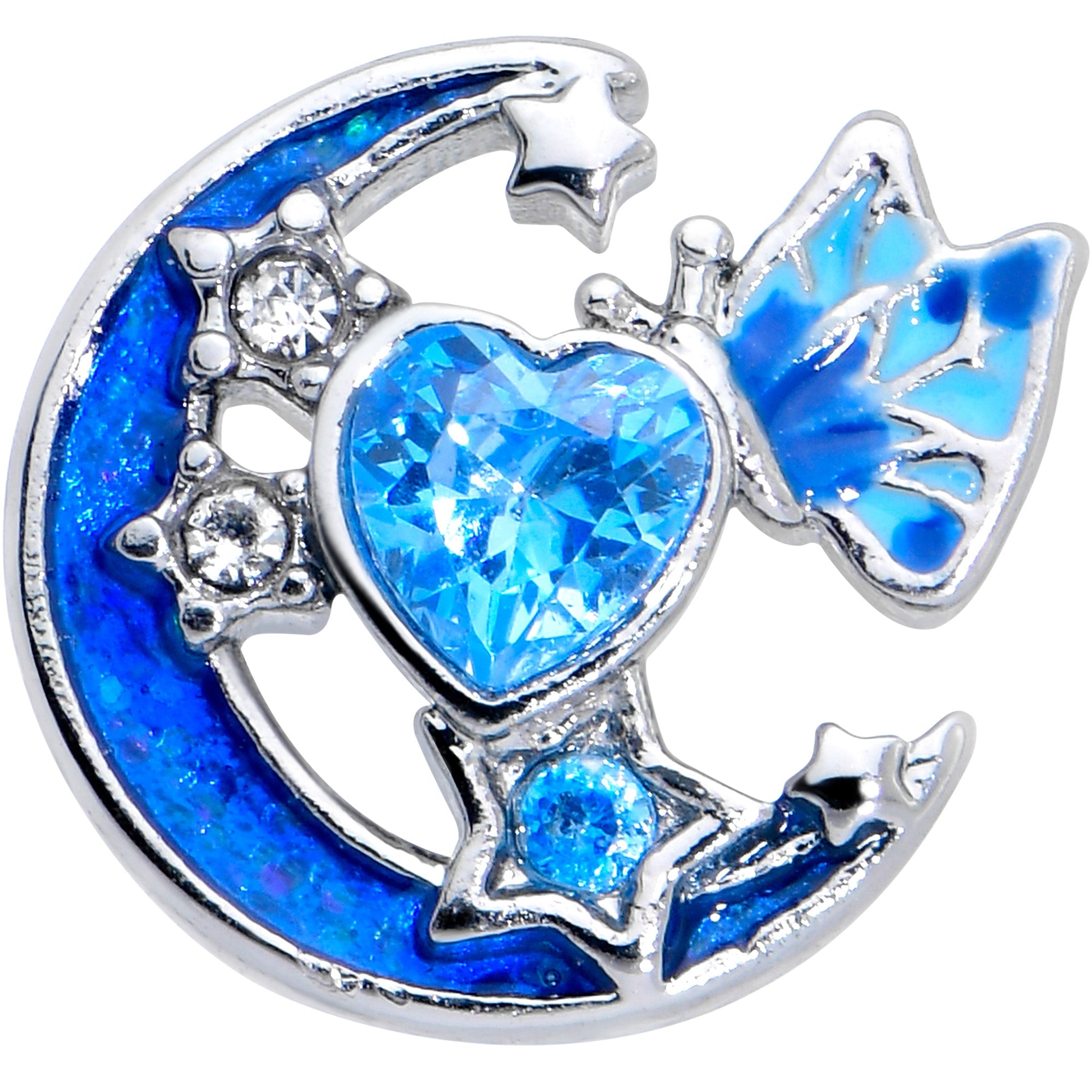 BodyCandy 20G 7mm Blue CZ Gem Moon Butterfly Love Heart L Shape Nose Ring — detail close-up