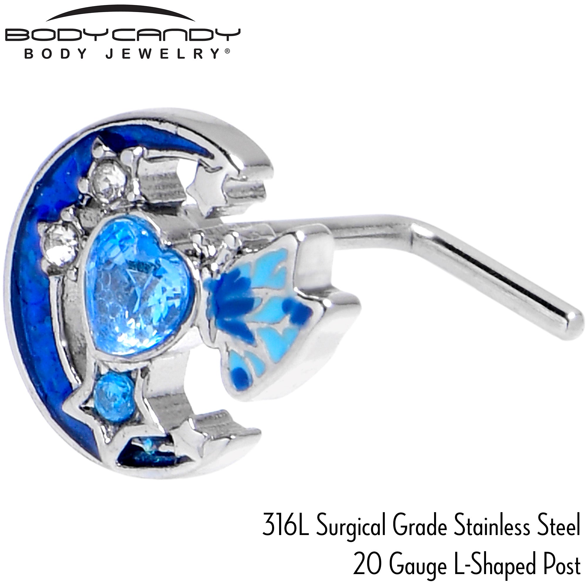 BodyCandy 20G 7mm Blue CZ Gem Moon Butterfly Love Heart L Shape Nose Ring — back view
