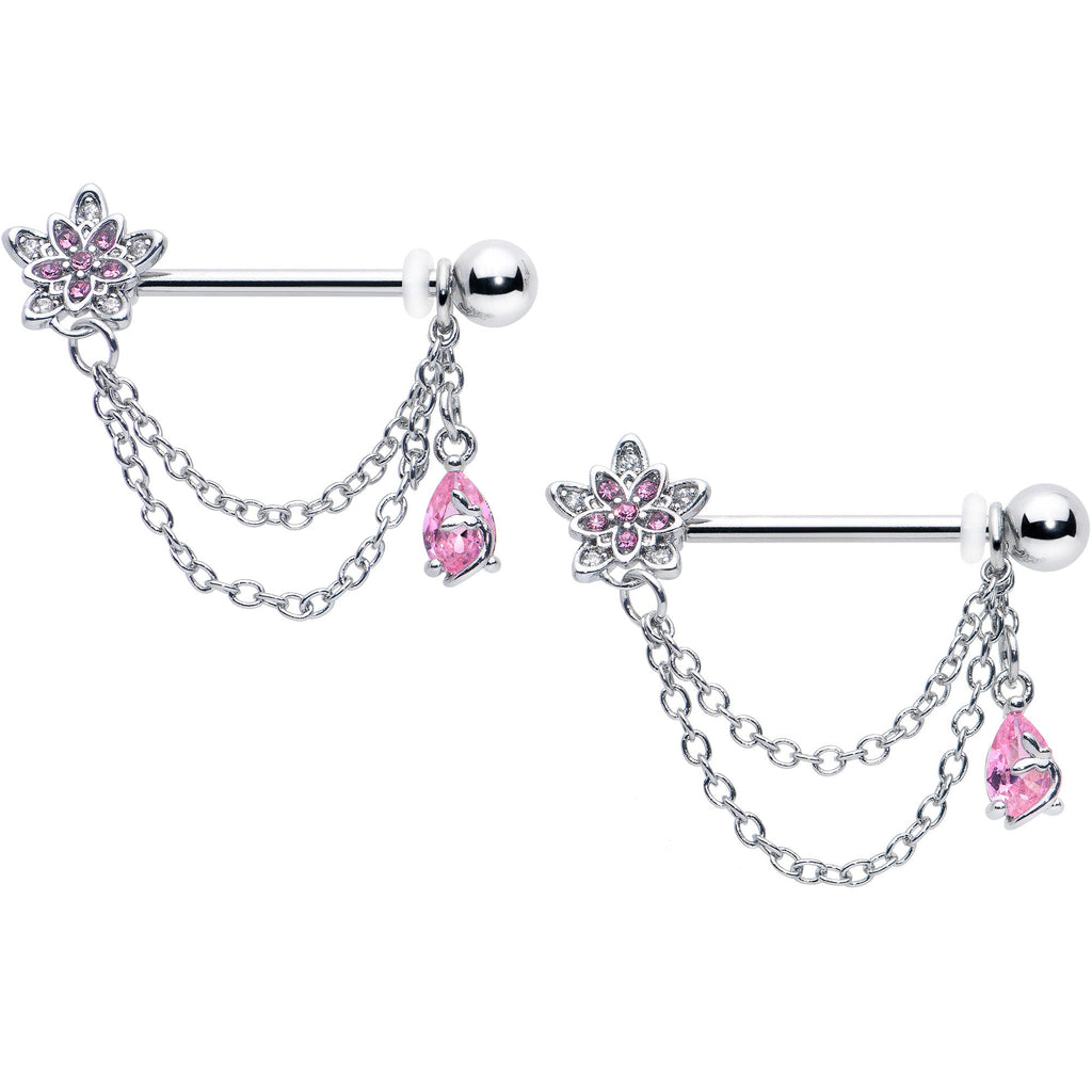 BodyCandy 14G 9/16 Pink CZ Gem Snowflake Flower Chain Dangle Nipple Ring Set — main product shot