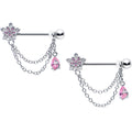 BodyCandy 14G 9/16 Pink CZ Gem Snowflake Flower Chain Dangle Nipple Ring Set — main product shot
