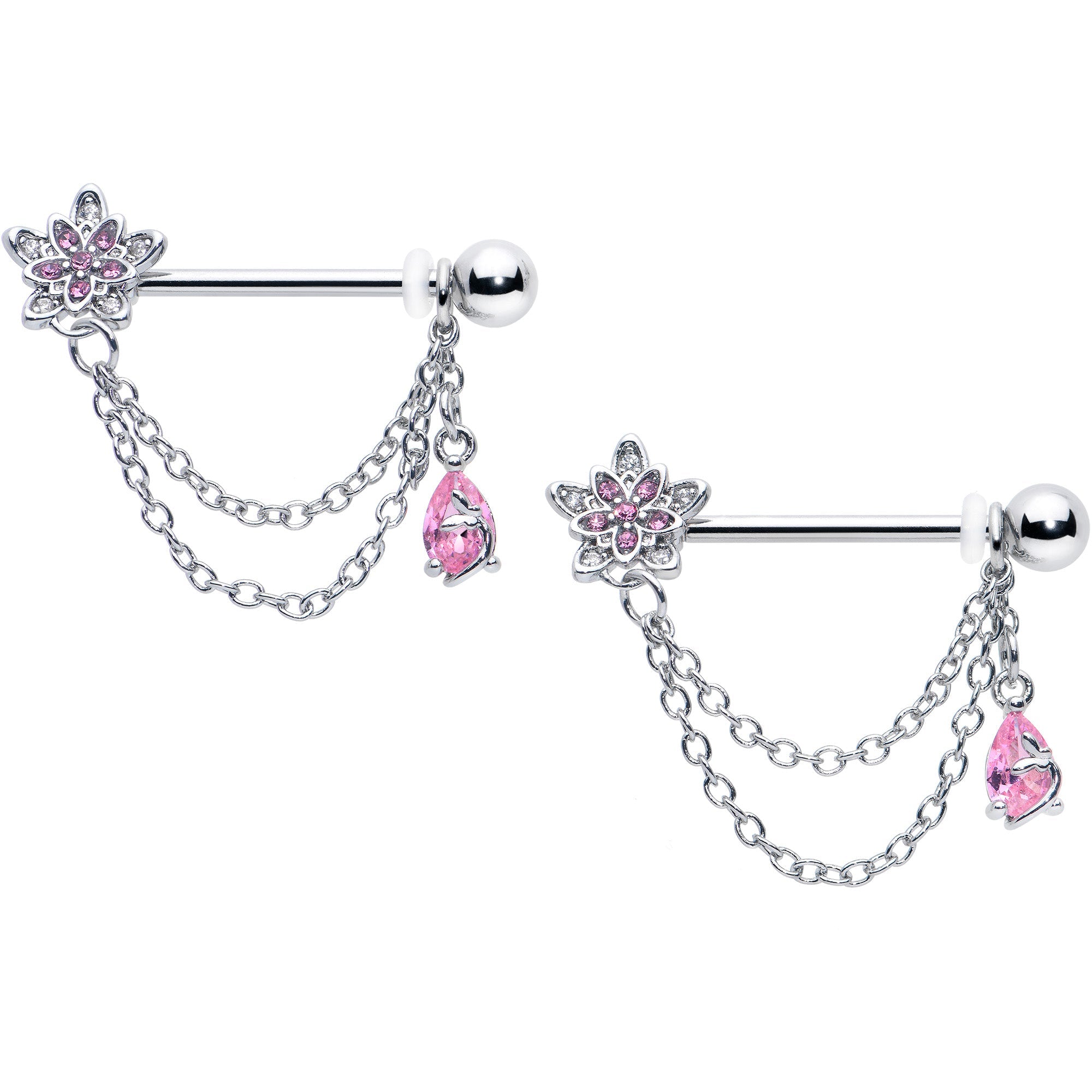 BodyCandy 14G 9/16 Pink CZ Gem Snowflake Flower Chain Dangle Nipple Ring Set — main product shot