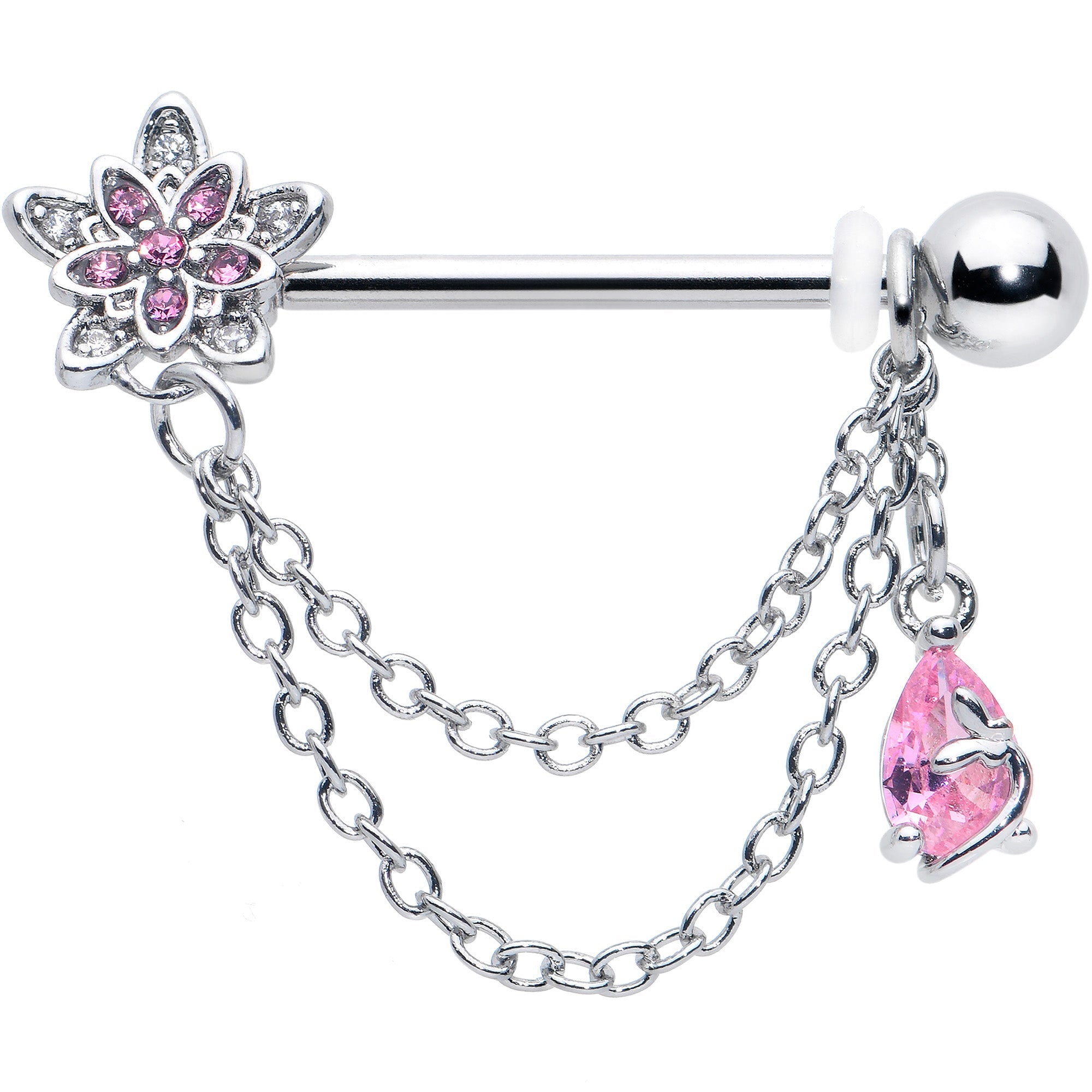 BodyCandy 14G 9/16 Pink CZ Gem Snowflake Flower Chain Dangle Nipple Ring Set — detail close-up