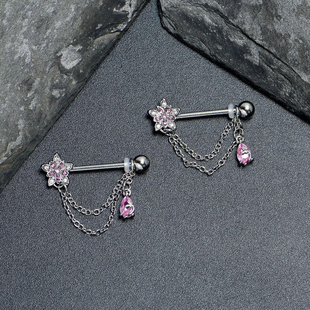 BodyCandy 14G 9/16 Pink CZ Gem Snowflake Flower Chain Dangle Nipple Ring Set — lifestyle context