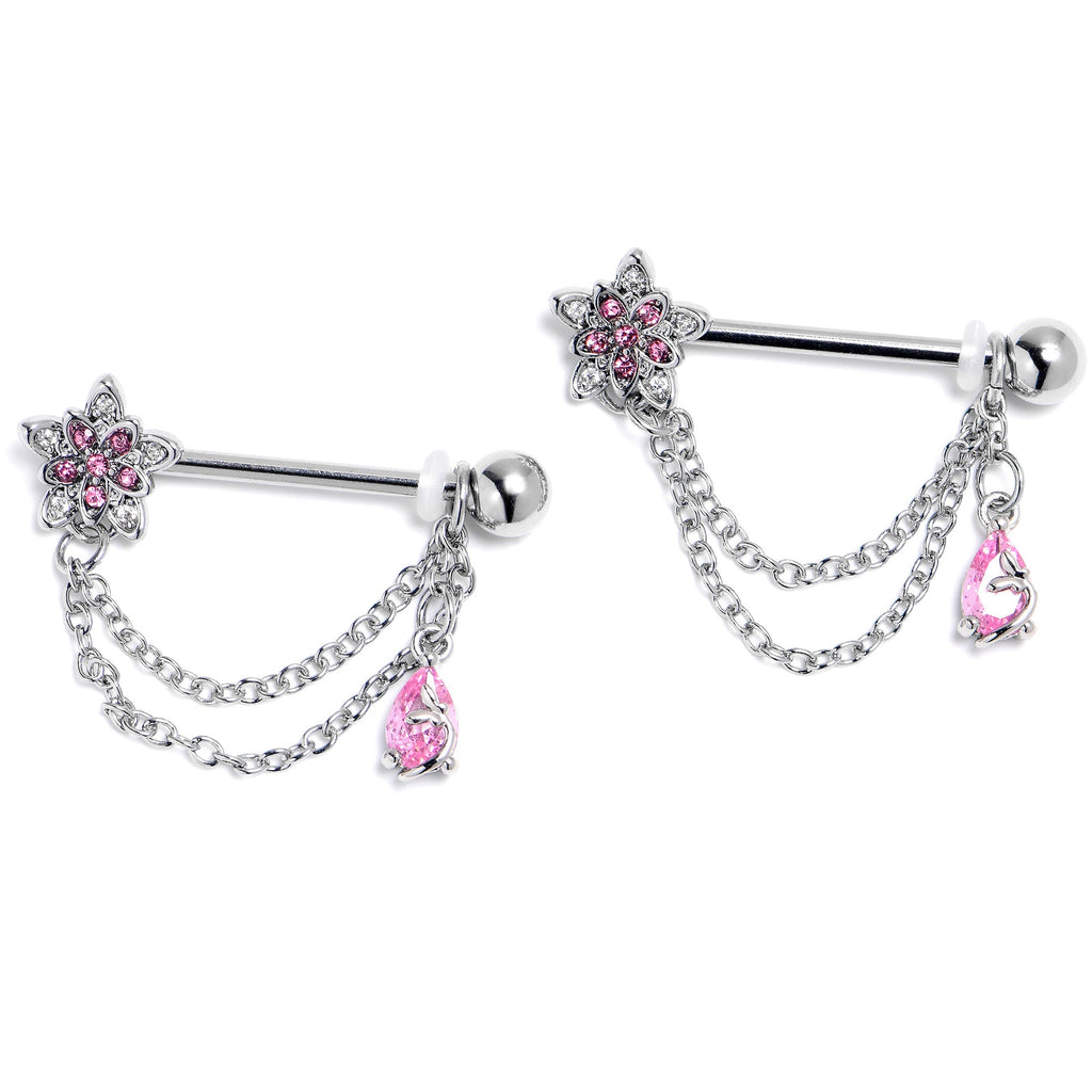 BodyCandy 14G 9/16 Pink CZ Gem Snowflake Flower Chain Dangle Nipple Ring Set — side view