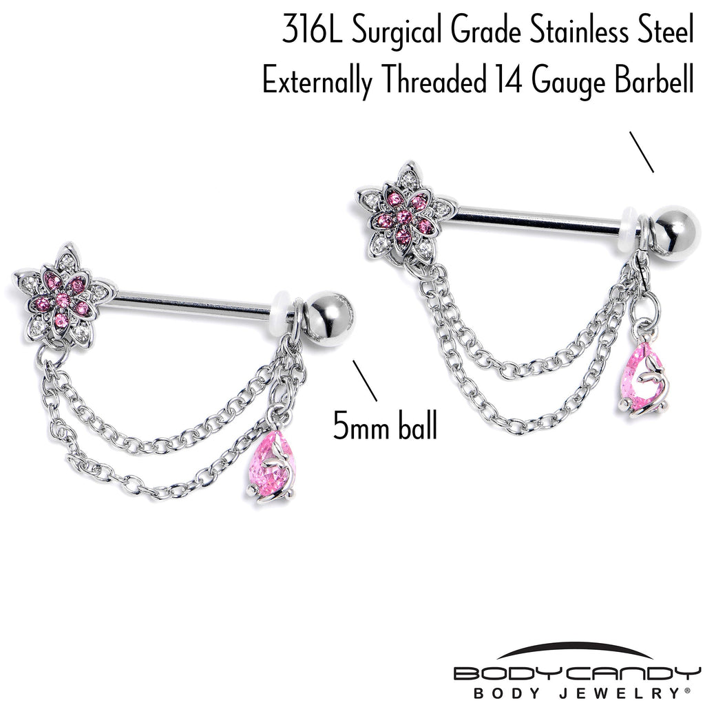 BodyCandy 14G 9/16 Pink CZ Gem Snowflake Flower Chain Dangle Nipple Ring Set — back view