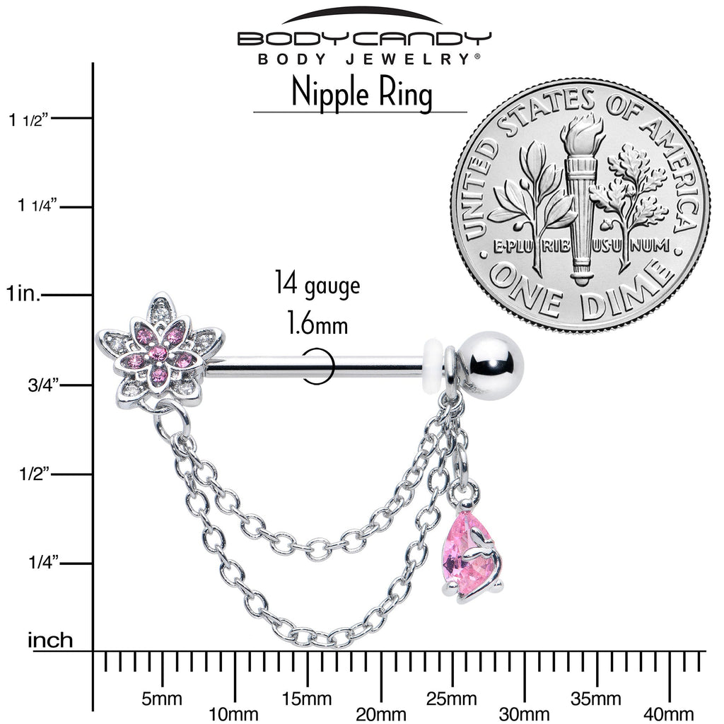 BodyCandy 14G 9/16 Pink CZ Gem Snowflake Flower Chain Dangle Nipple Ring Set — alternative angle