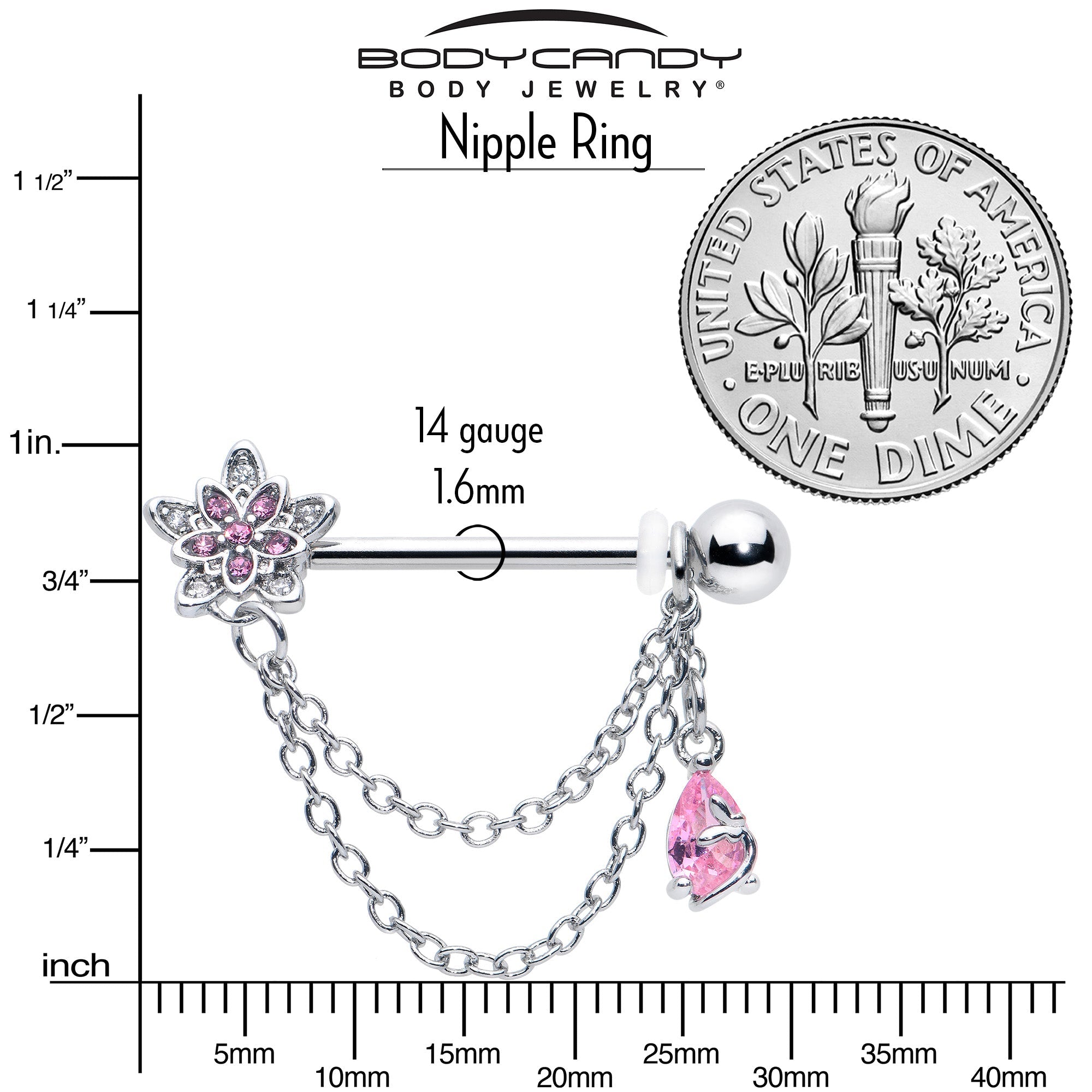 BodyCandy 14G 9/16 Pink CZ Gem Snowflake Flower Chain Dangle Nipple Ring Set — alternative angle
