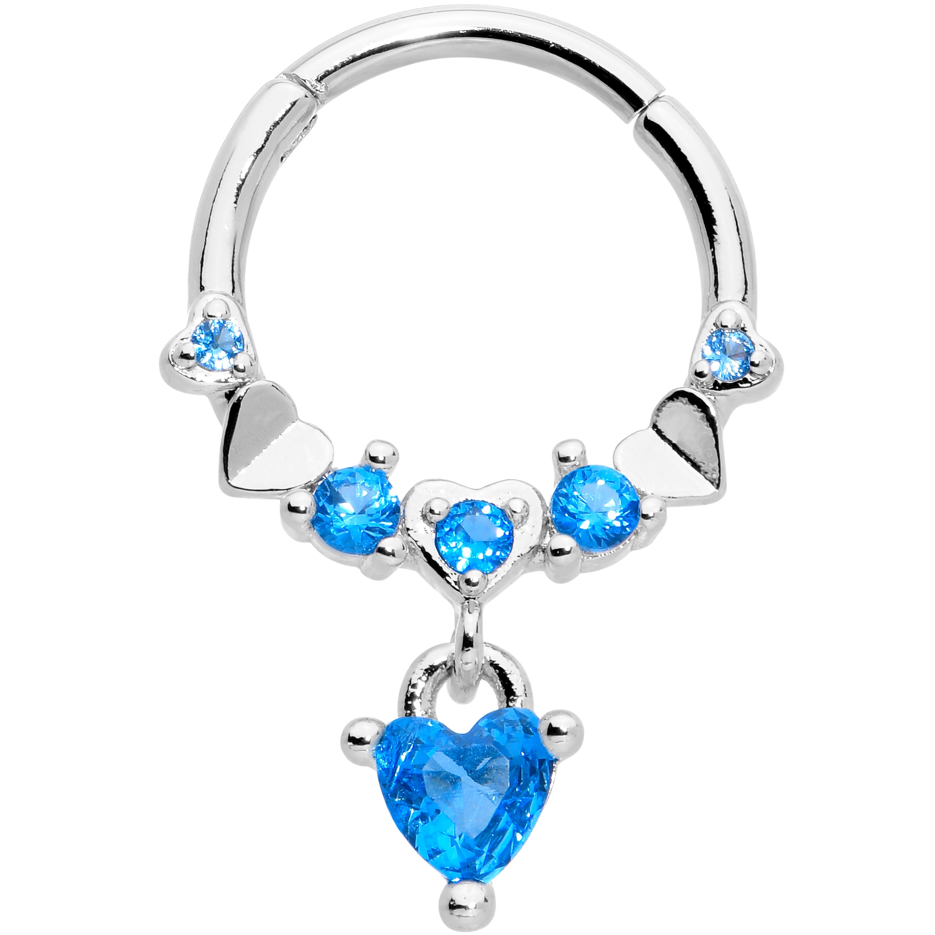 BodyCandy 16G 3/8 Aqua CZ Gem Love Heart Dangle Hinged Segment Ring — main product shot