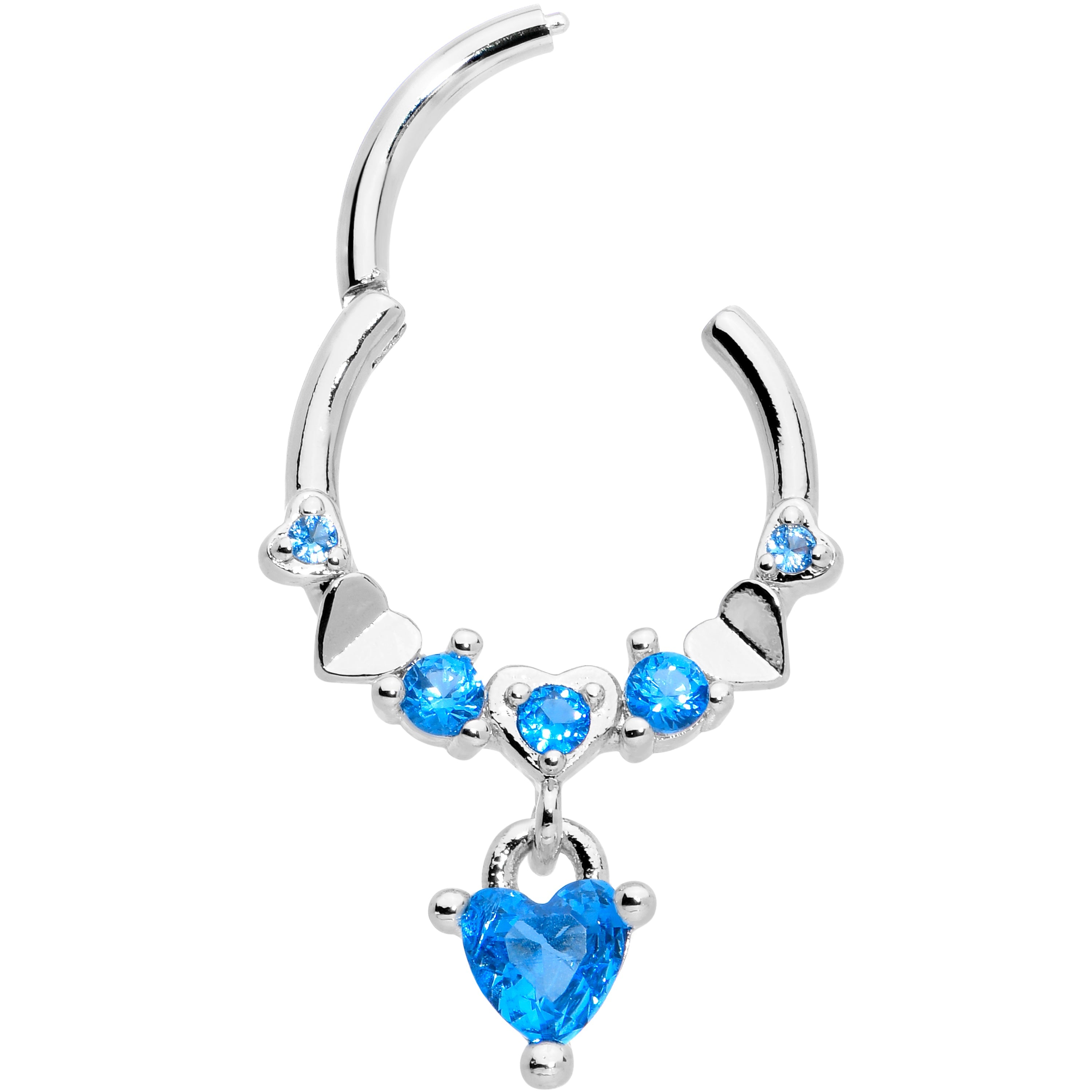 BodyCandy 16G 3/8 Aqua CZ Gem Love Heart Dangle Hinged Segment Ring — detail close-up