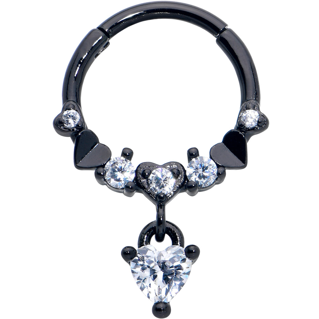 BodyCandy 16G 3/8 Clear CZ Gem Black Love Heart Dangle Hinged Segment Ring — main product shot