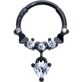 16G 3/8 Clear CZ Gem Black Love Heart Dangle Hinged Segment Ring