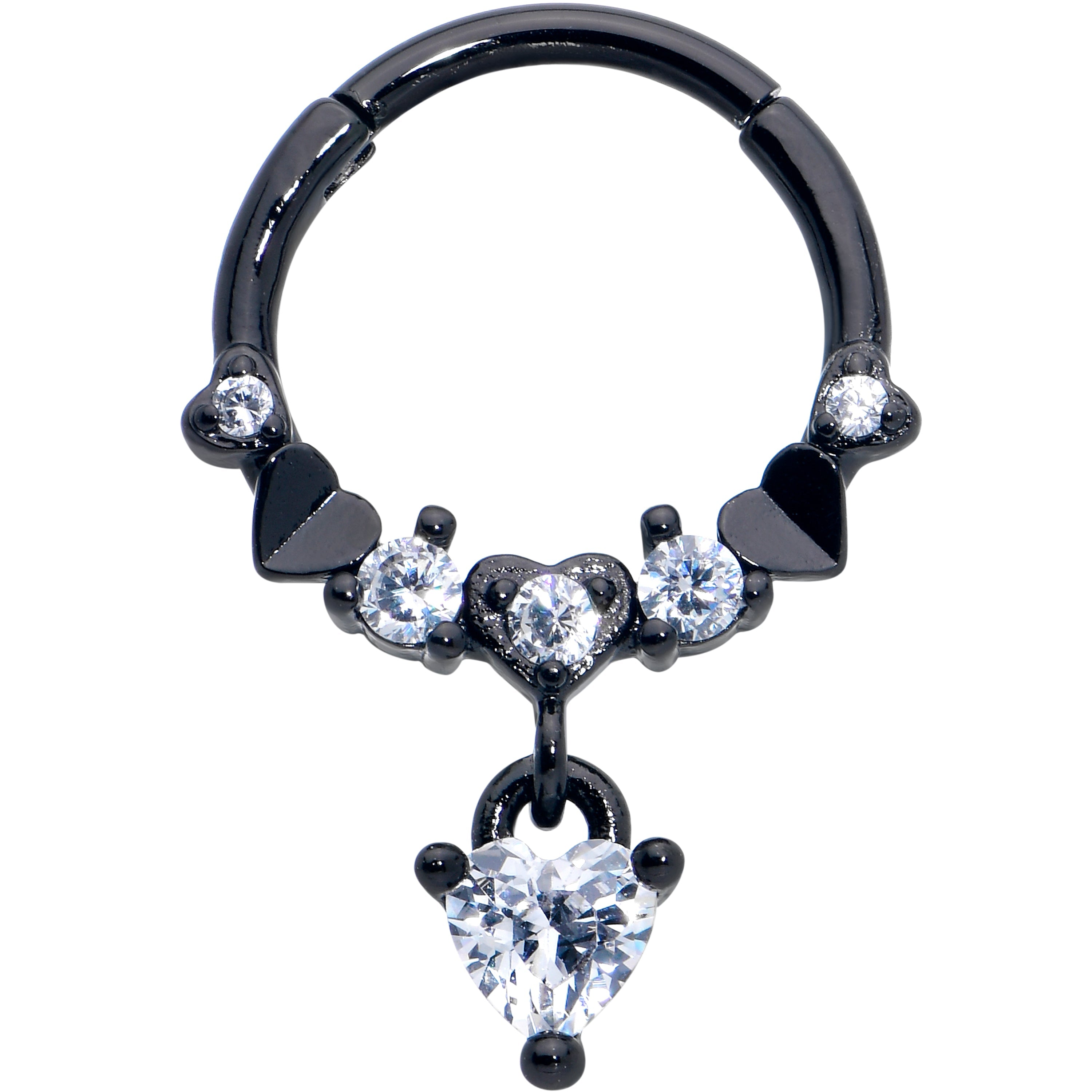 BodyCandy 16G 3/8 Clear CZ Gem Black Love Heart Dangle Hinged Segment Ring — main product shot