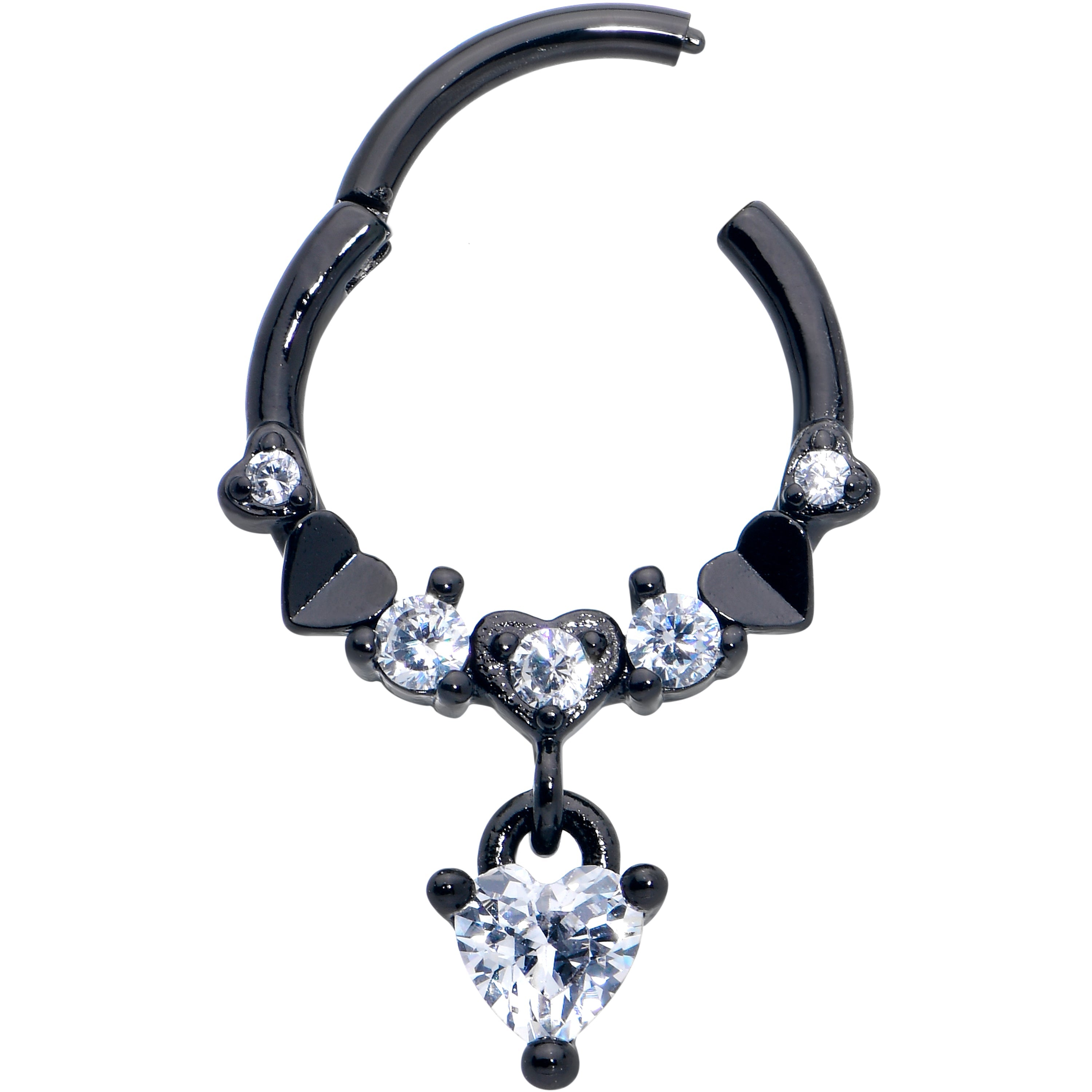 BodyCandy 16G 3/8 Clear CZ Gem Black Love Heart Dangle Hinged Segment Ring — detail close-up