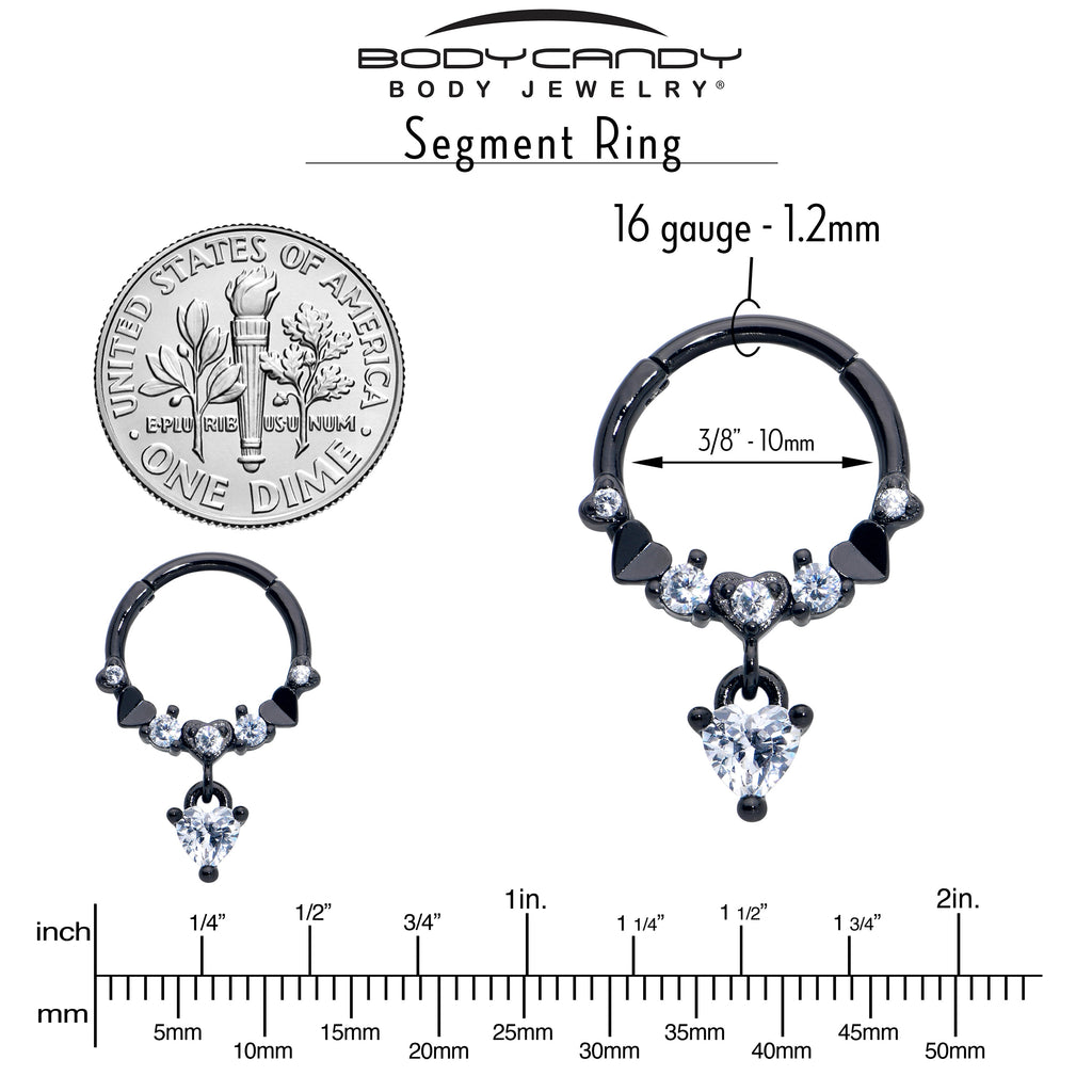 BodyCandy 16G 3/8 Clear CZ Gem Black Love Heart Dangle Hinged Segment Ring — lifestyle context