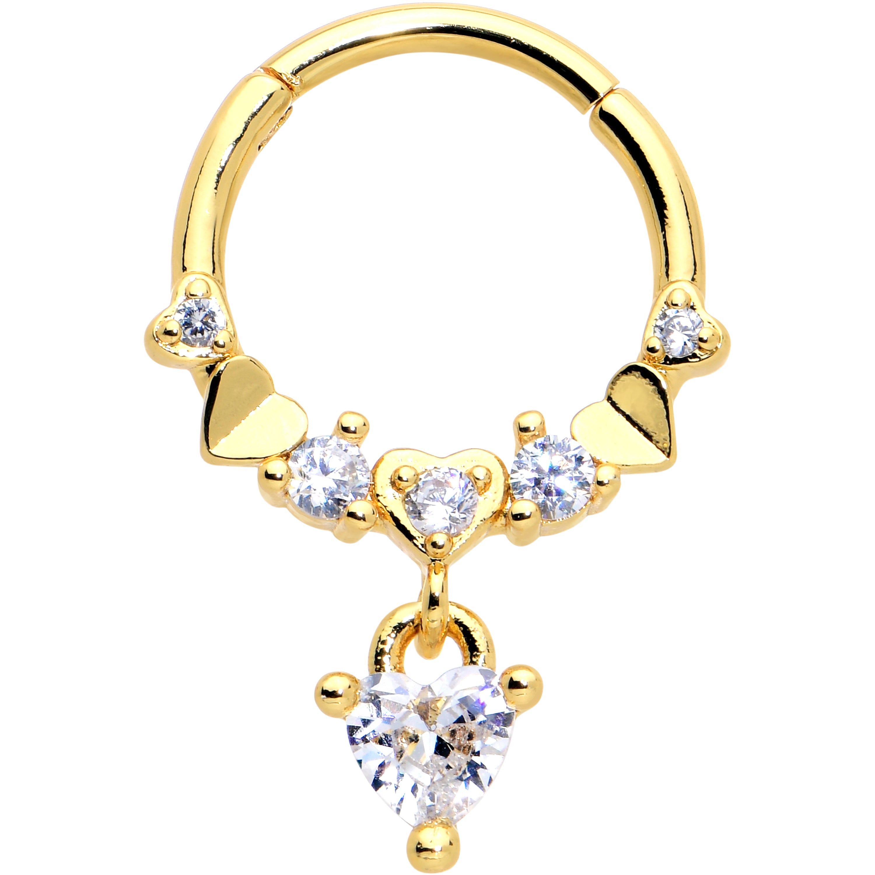 BodyCandy 16G 3/8 Clear CZ Gem Gold Tone Love Heart Dangle Hinged Segment Ring — main product shot