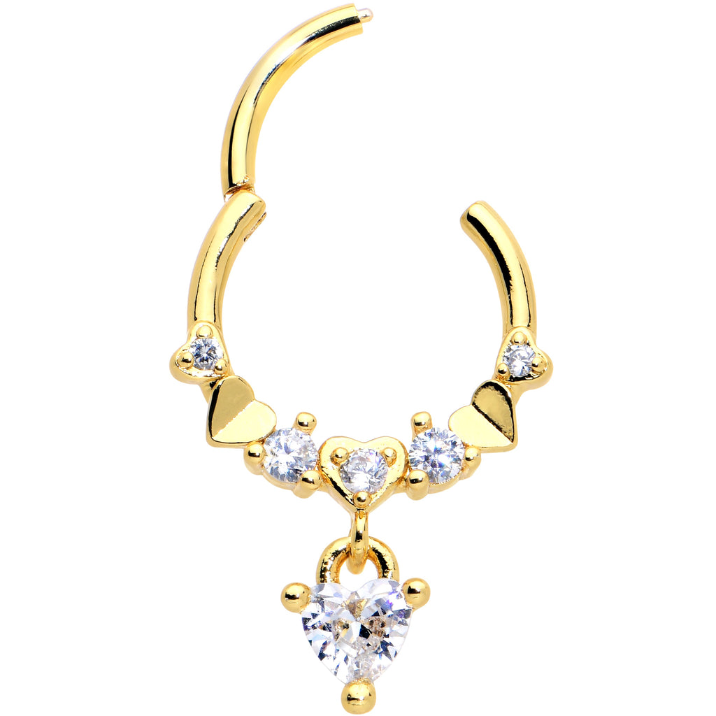BodyCandy 16G 3/8 Clear CZ Gem Gold Tone Love Heart Dangle Hinged Segment Ring — lifestyle context