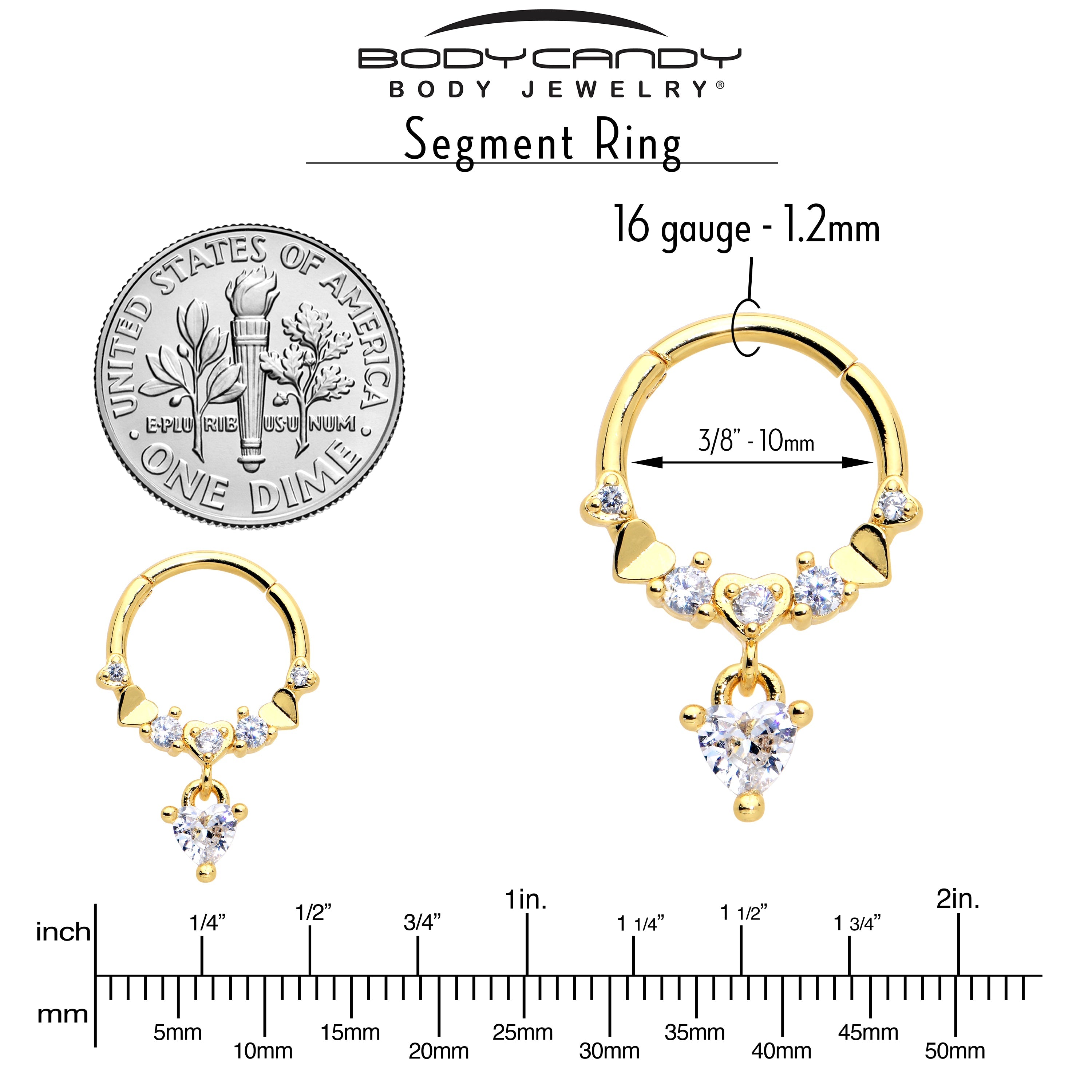 BodyCandy 16G 3/8 Clear CZ Gem Gold Tone Love Heart Dangle Hinged Segment Ring — side view