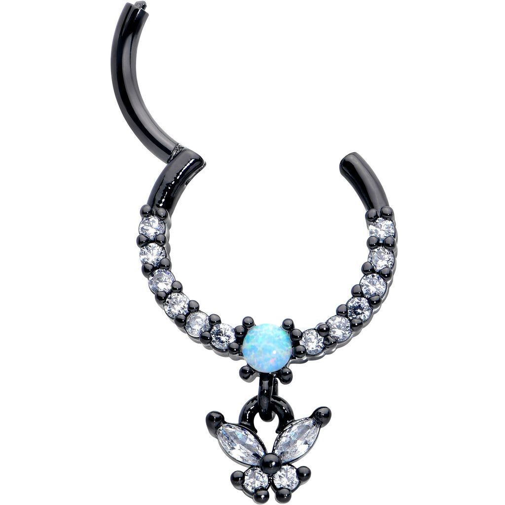 BodyCandy 16G 3/8 Blue Synthetic Opal Black Butterfly Hinged Segment Ring — detail close-up