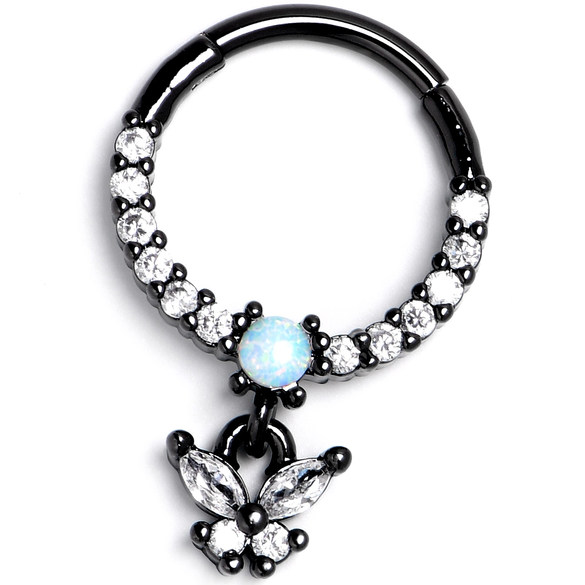 BodyCandy 16G 3/8 Blue Synthetic Opal Black Butterfly Hinged Segment Ring — side view
