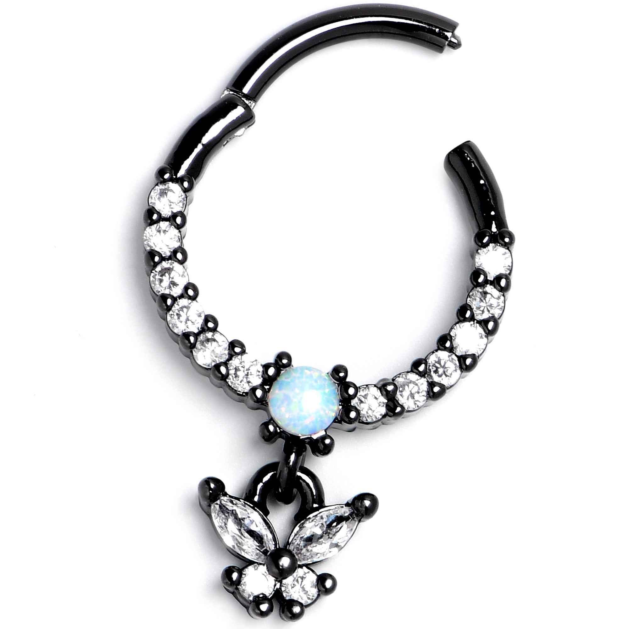 BodyCandy 16G 3/8 Blue Synthetic Opal Black Butterfly Hinged Segment Ring — back view