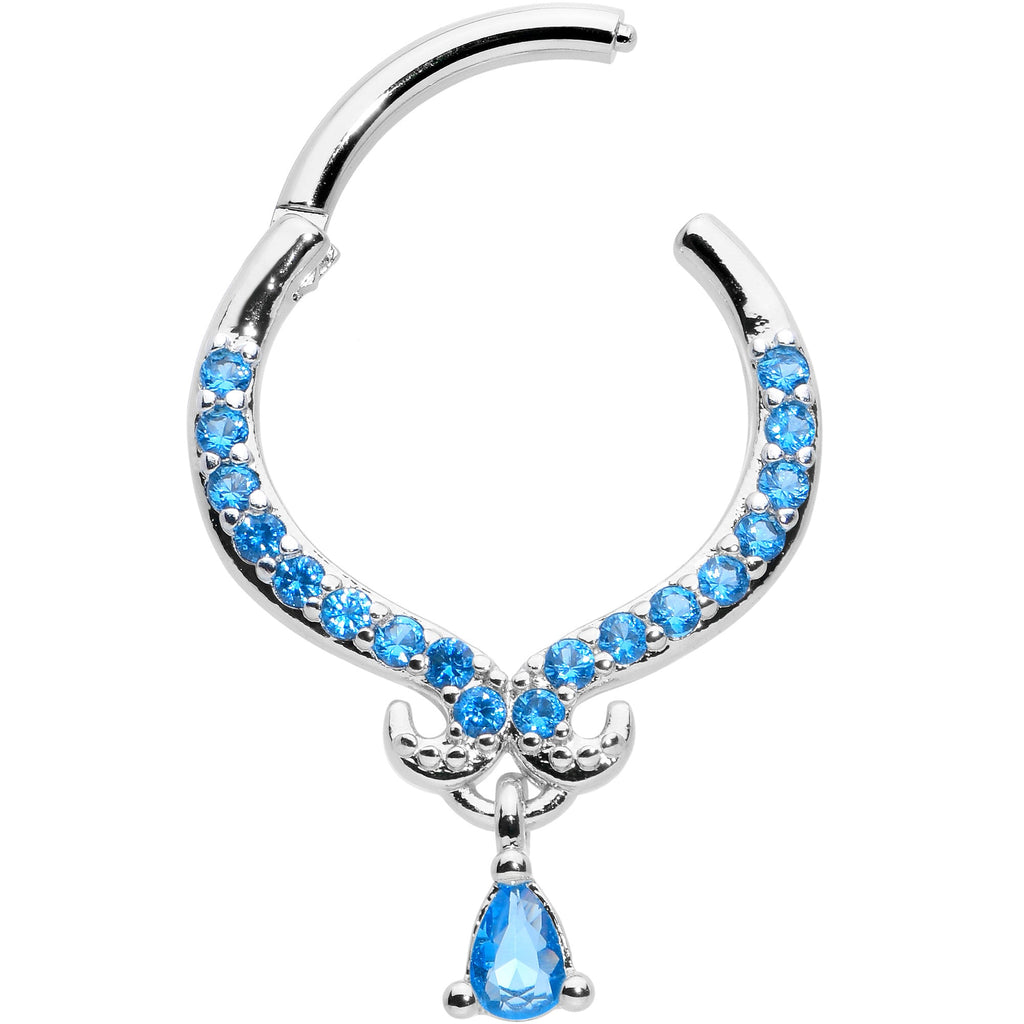 BodyCandy 16G 3/8 Blue CZ Gem Elegant Curves Dangle Hinged Segment Ring — detail close-up