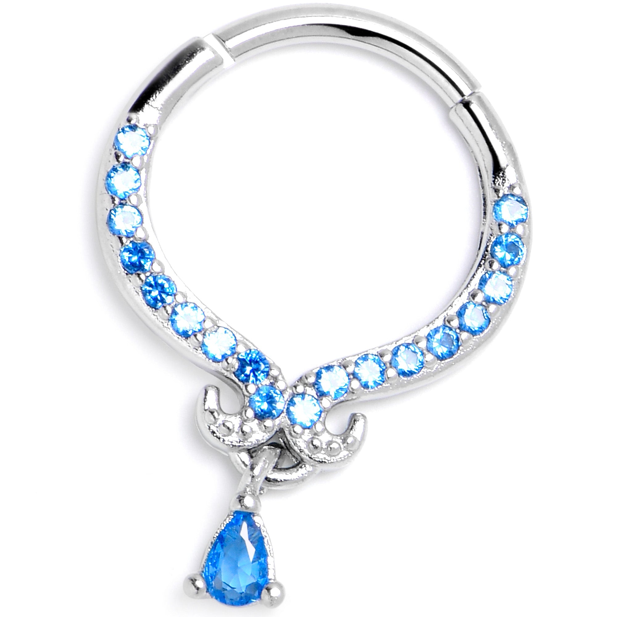 BodyCandy 16G 3/8 Blue CZ Gem Elegant Curves Dangle Hinged Segment Ring — side view