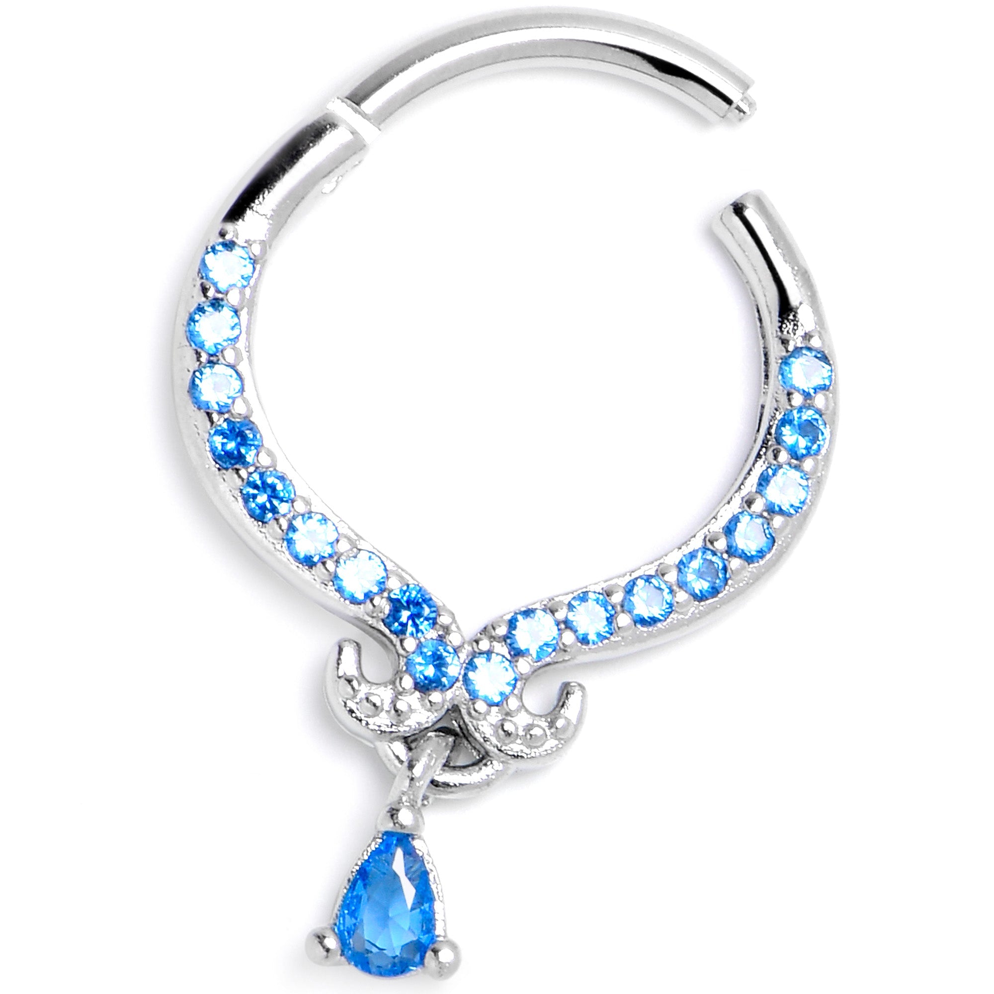 BodyCandy 16G 3/8 Blue CZ Gem Elegant Curves Dangle Hinged Segment Ring — back view