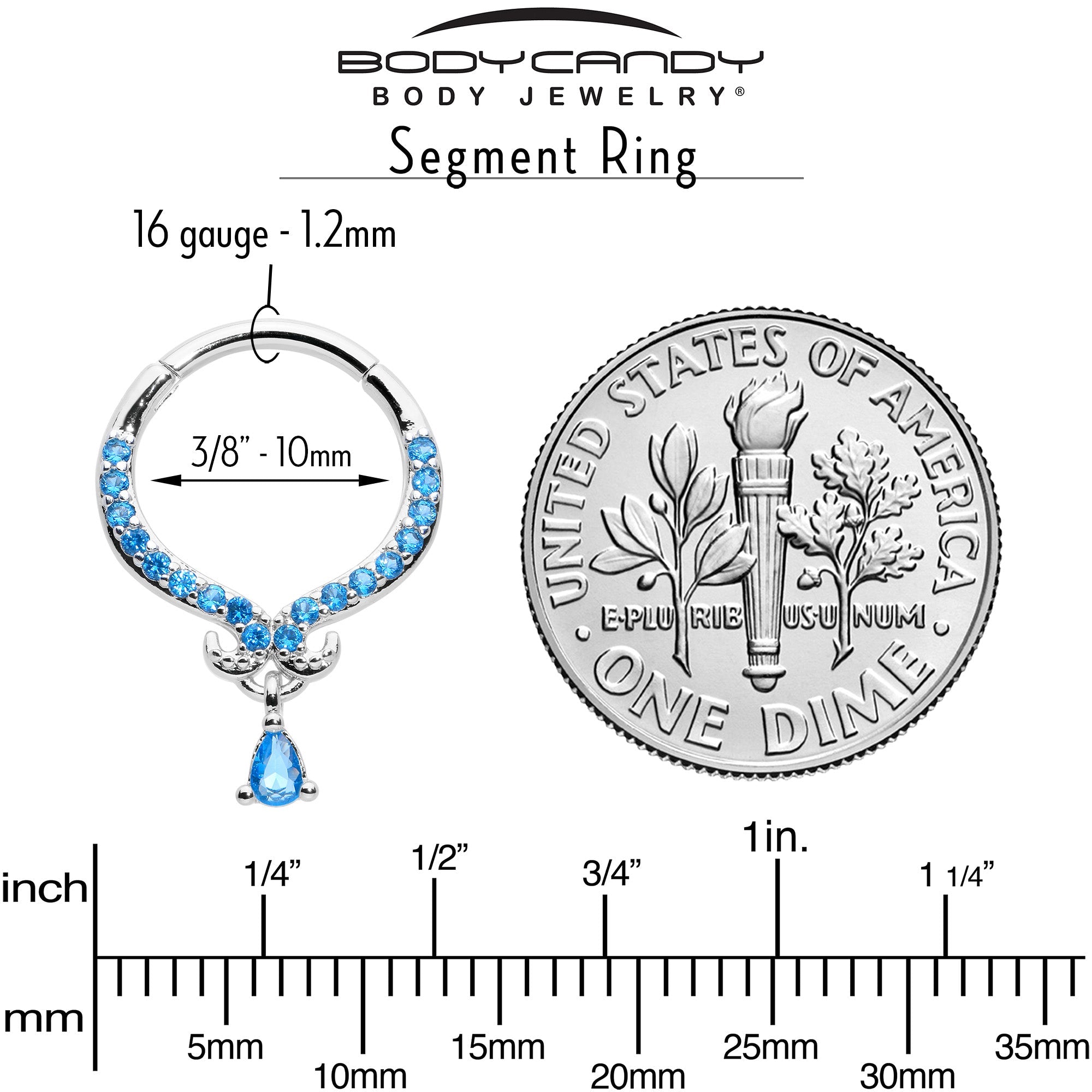 BodyCandy 16G 3/8 Blue CZ Gem Elegant Curves Dangle Hinged Segment Ring — alternative angle