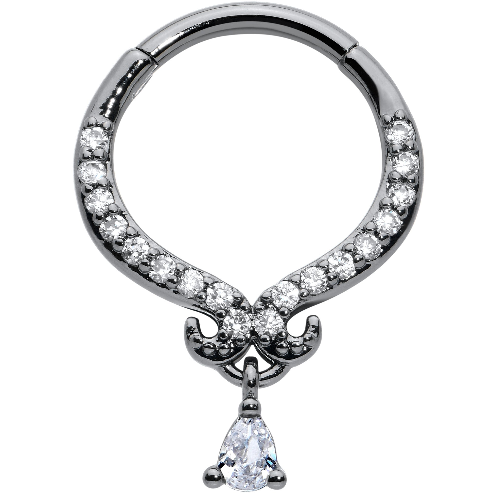 BodyCandy 16G 3/8 Clear CZ Gem Black Elegant Curves Hinged Segment Ring — main product shot