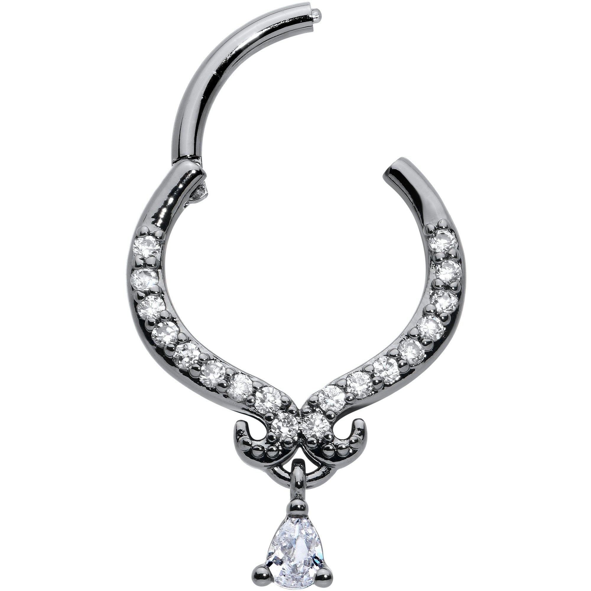 BodyCandy 16G 3/8 Clear CZ Gem Black Elegant Curves Hinged Segment Ring — lifestyle context