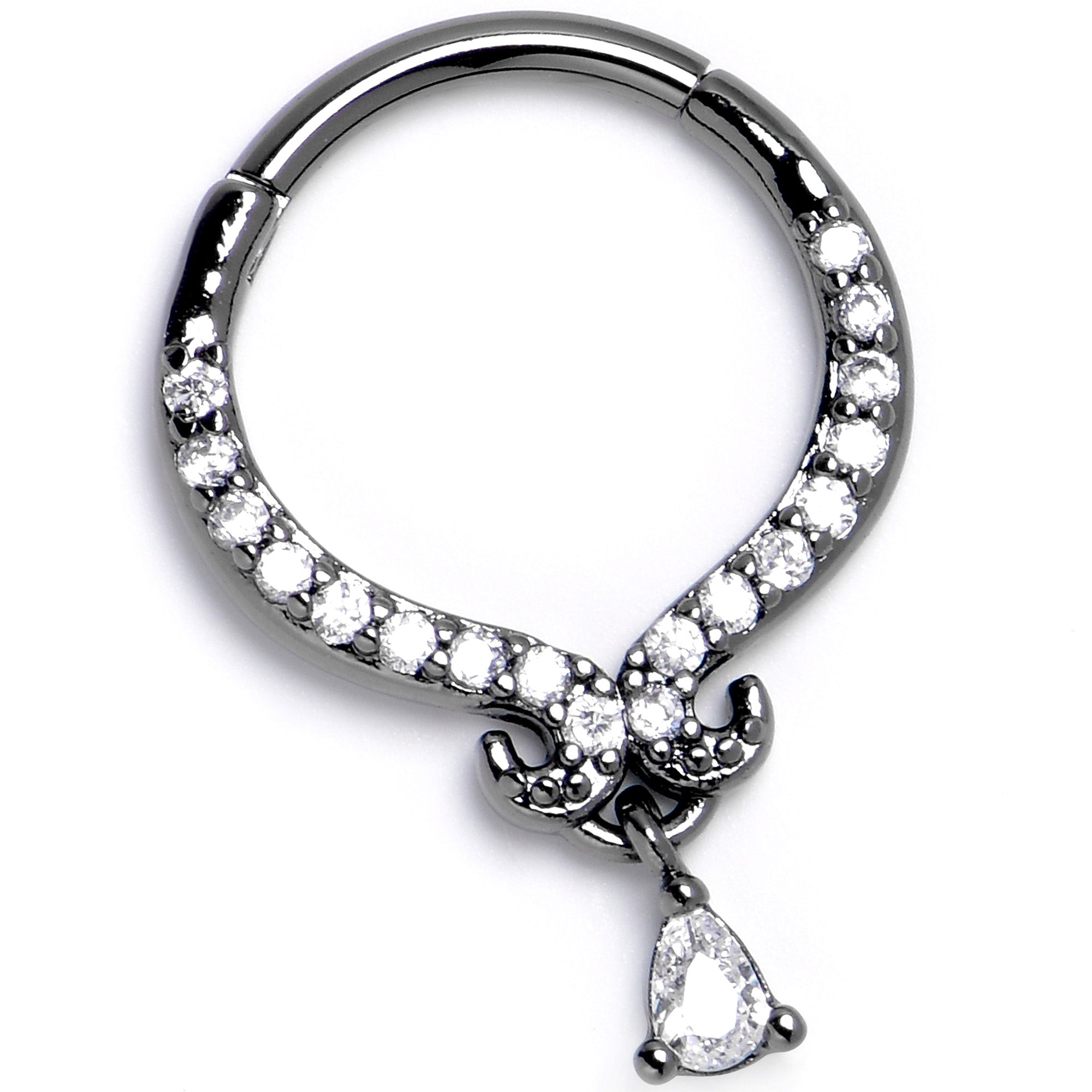 BodyCandy 16G 3/8 Clear CZ Gem Black Elegant Curves Hinged Segment Ring — back view