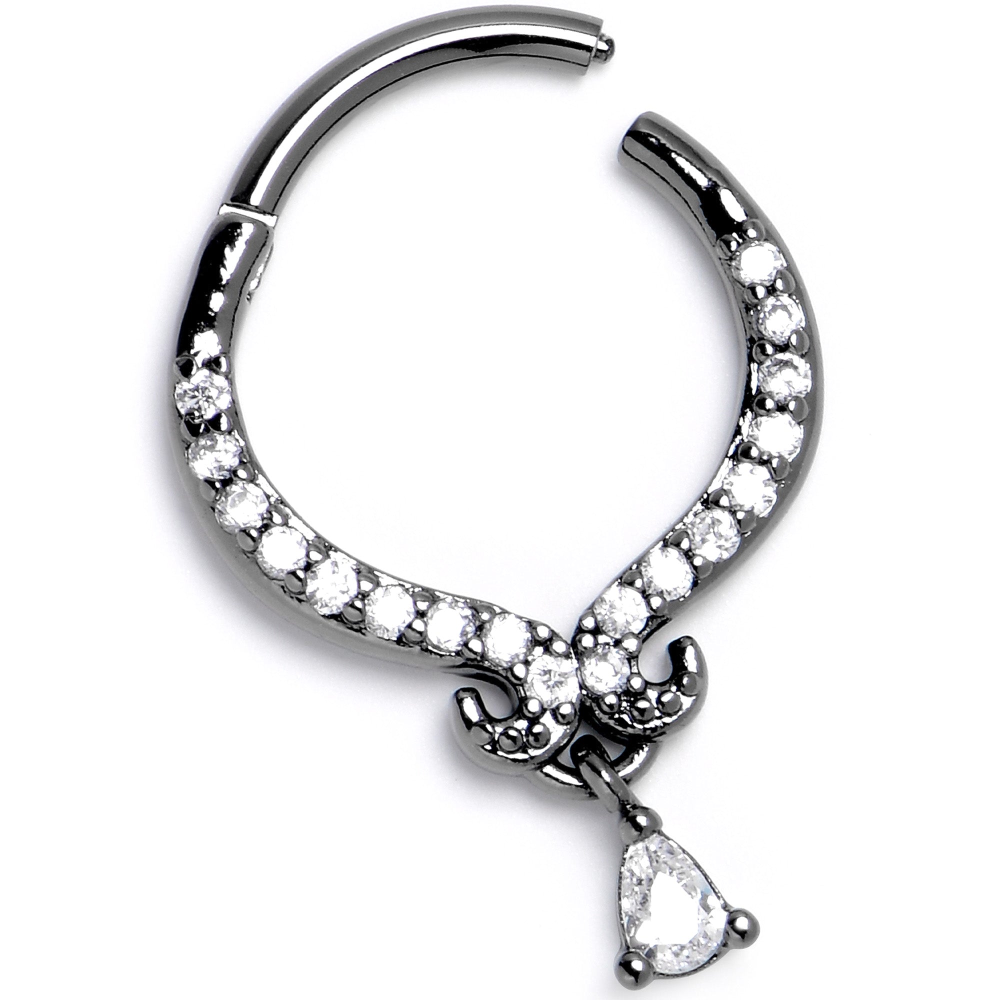 BodyCandy 16G 3/8 Clear CZ Gem Black Elegant Curves Hinged Segment Ring — alternative angle