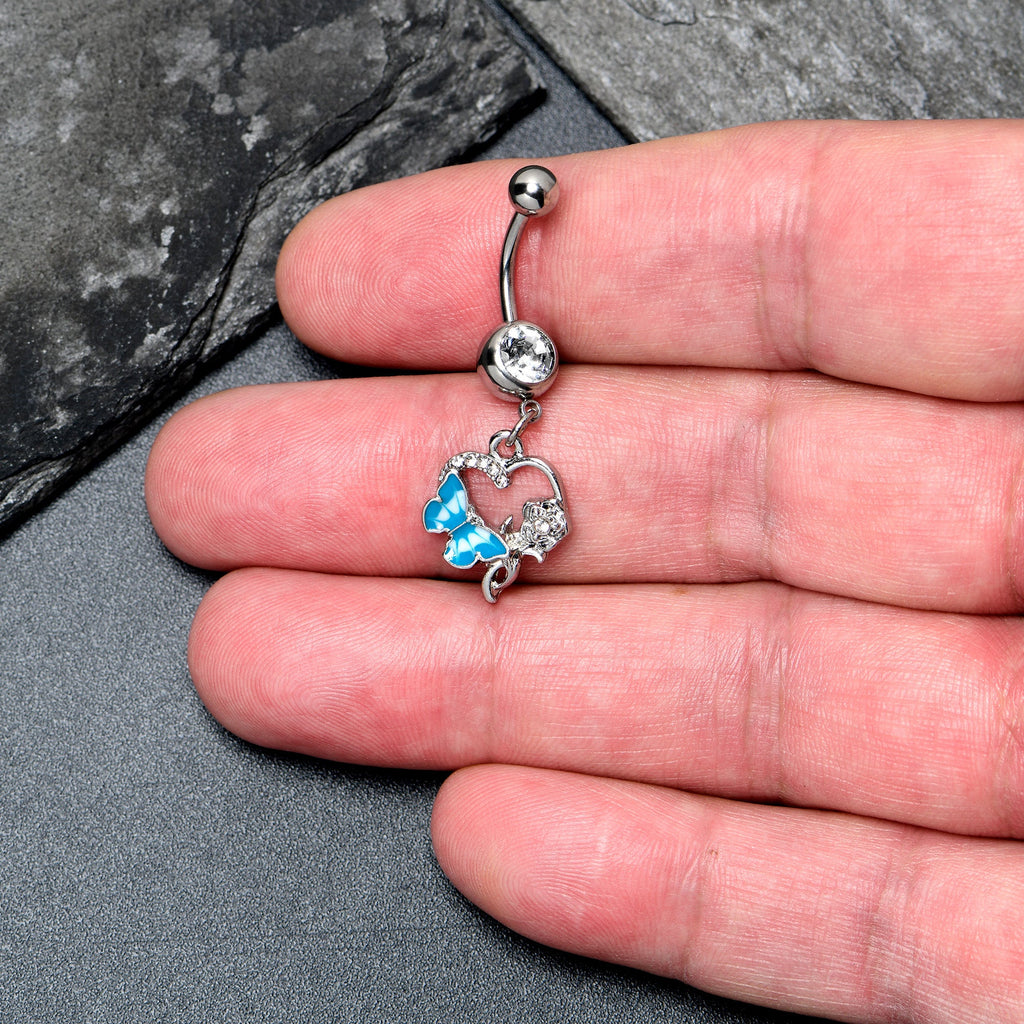 BodyCandy Clear Gem Butterfly Rose Flower Blue Dangle Belly Ring — detail close-up