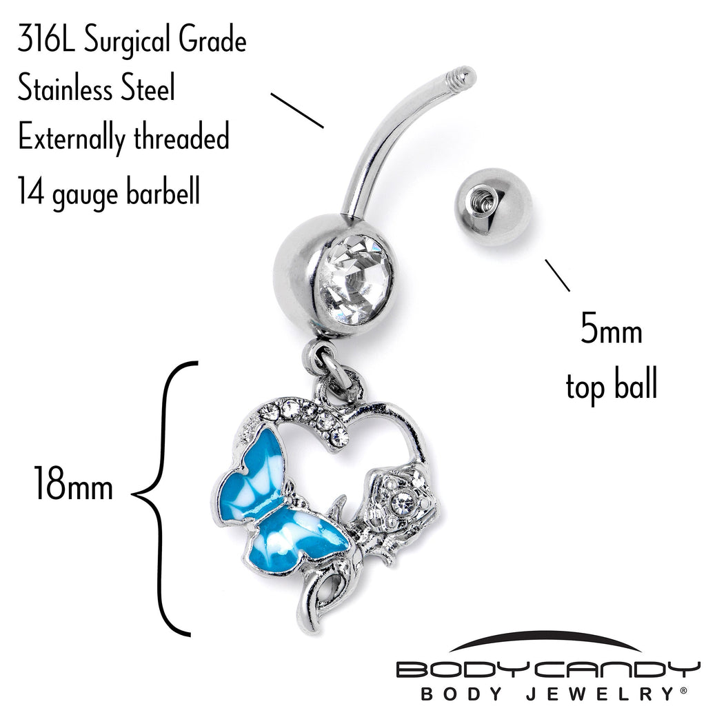 BodyCandy Clear Gem Butterfly Rose Flower Blue Dangle Belly Ring — side view