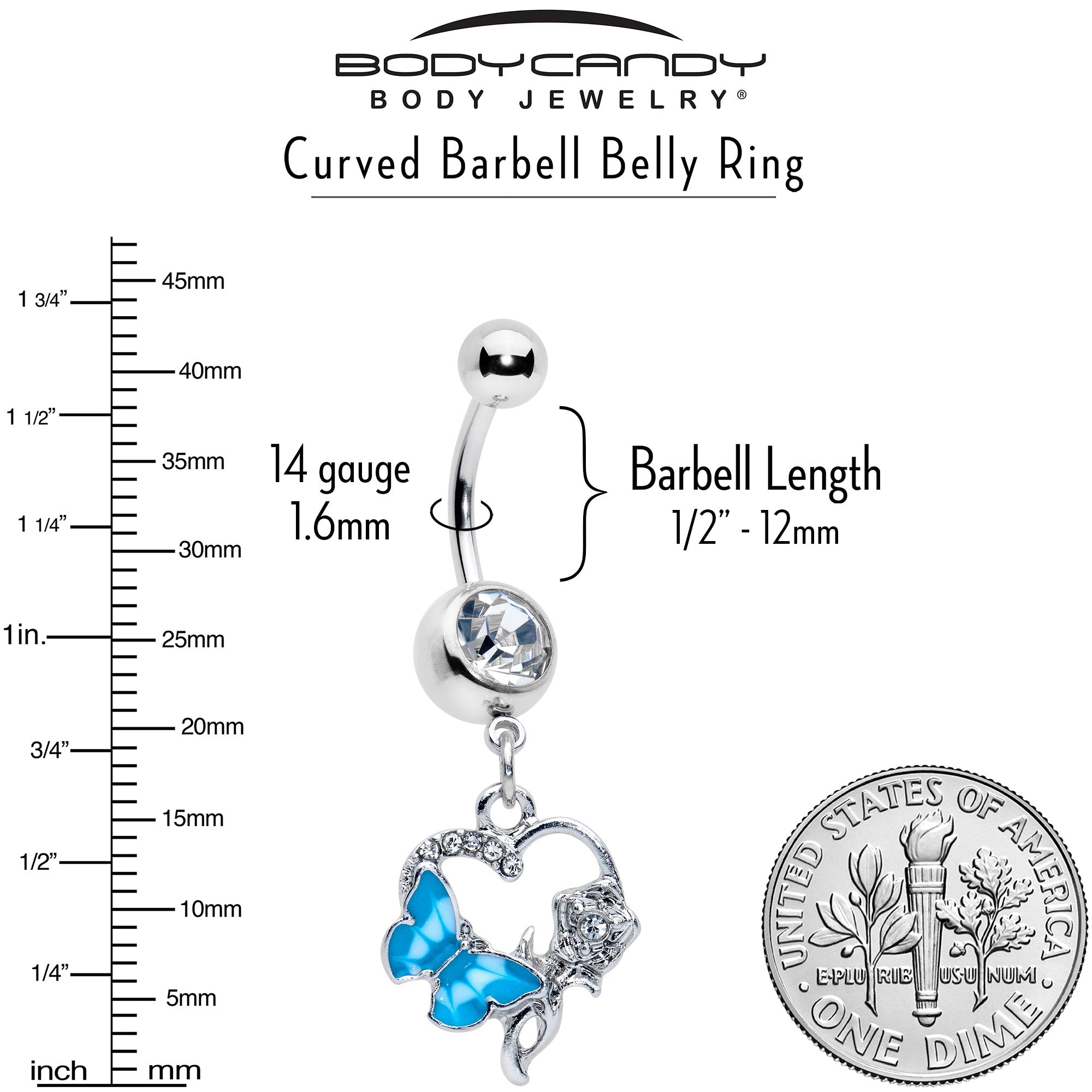 BodyCandy Clear Gem Butterfly Rose Flower Blue Dangle Belly Ring — back view