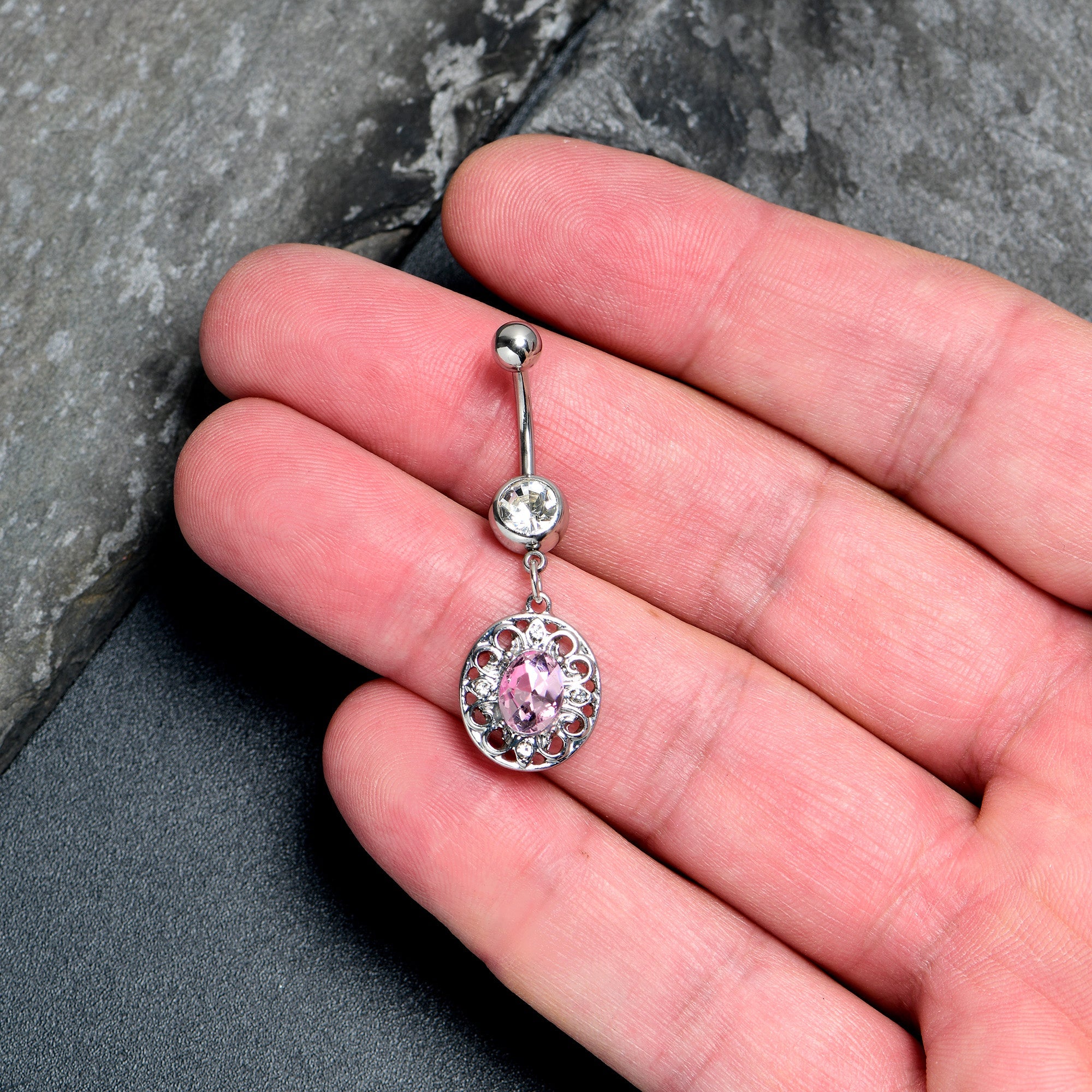 BodyCandy Pink Clear Gem Flower Oval Elegance Dangle Belly Ring — detail close-up