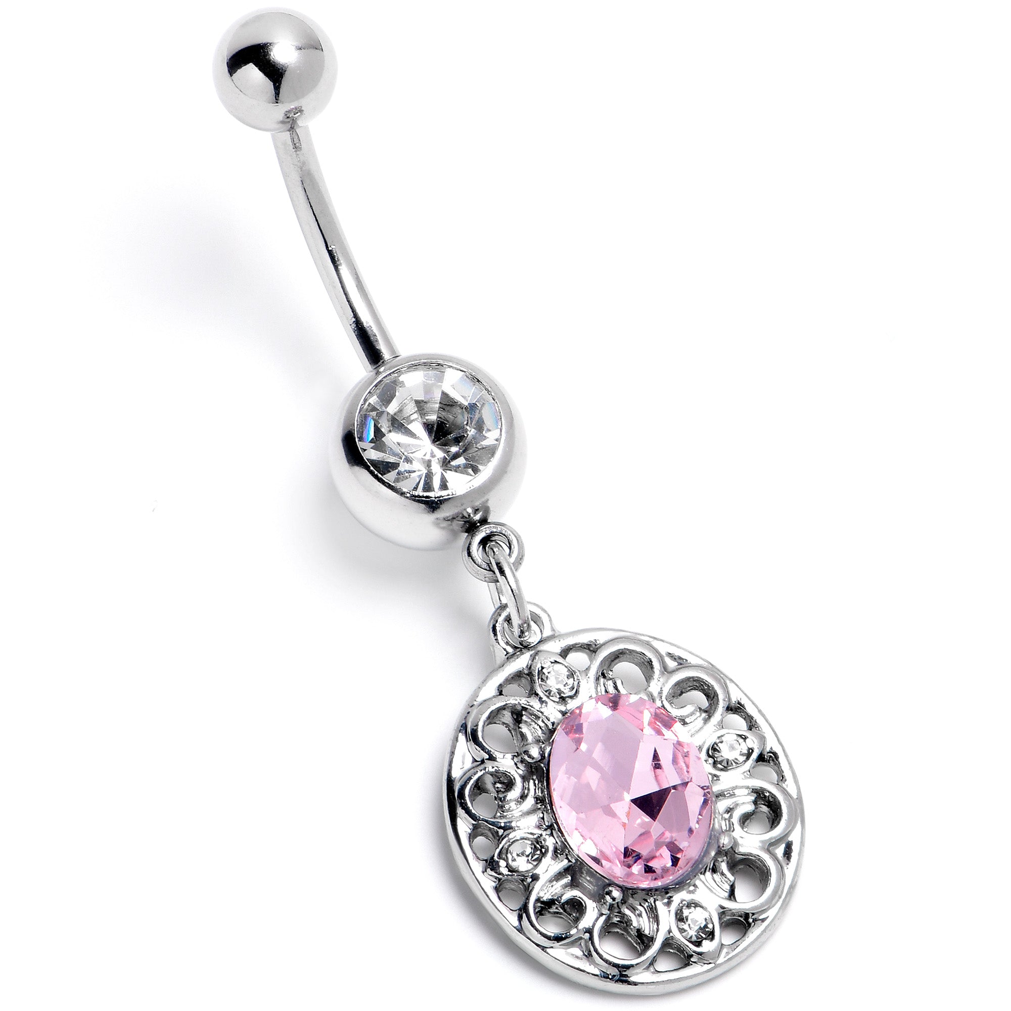 BodyCandy Pink Clear Gem Flower Oval Elegance Dangle Belly Ring — lifestyle context