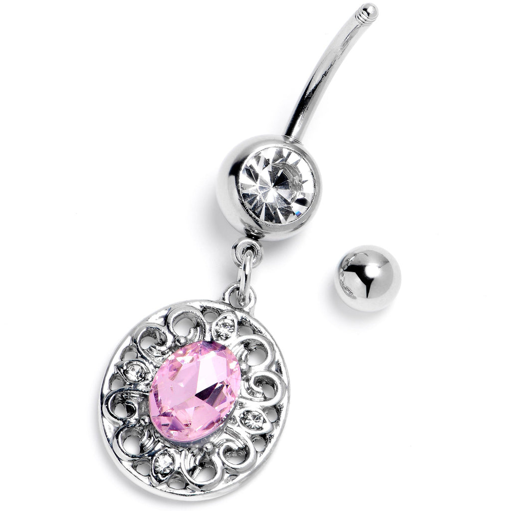 BodyCandy Pink Clear Gem Flower Oval Elegance Dangle Belly Ring — side view