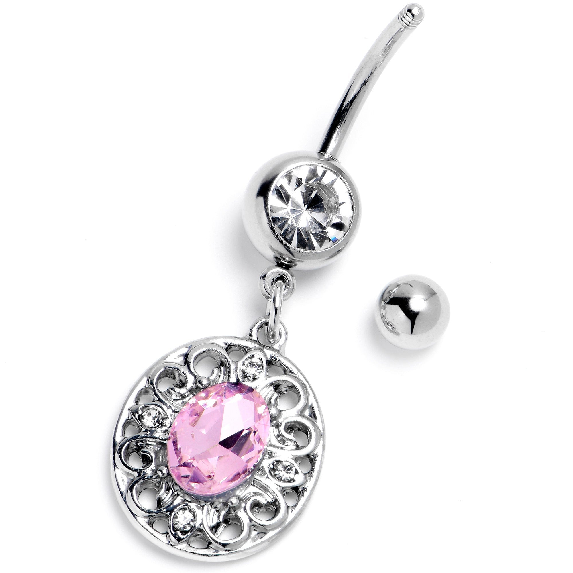 BodyCandy Pink Clear Gem Flower Oval Elegance Dangle Belly Ring — side view