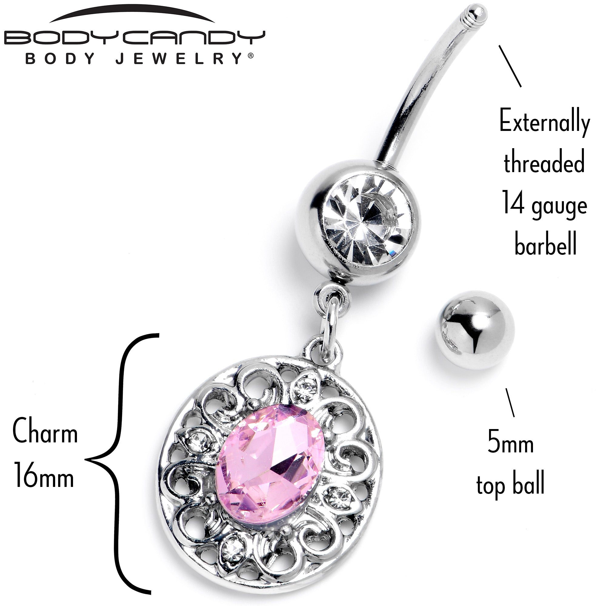 BodyCandy Pink Clear Gem Flower Oval Elegance Dangle Belly Ring — back view