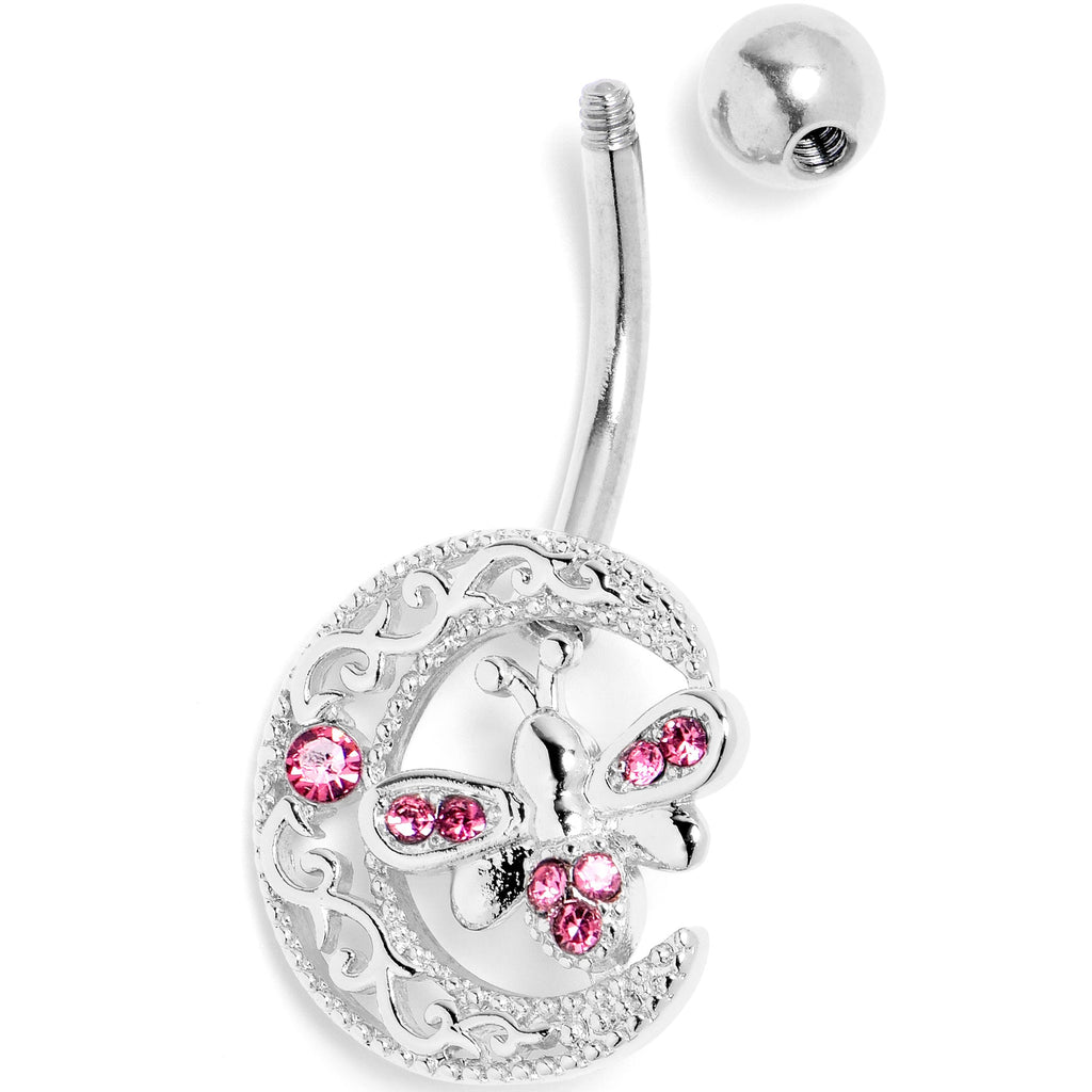 BodyCandy Pink Gem Lunar Dragonfly Belly Ring — side view