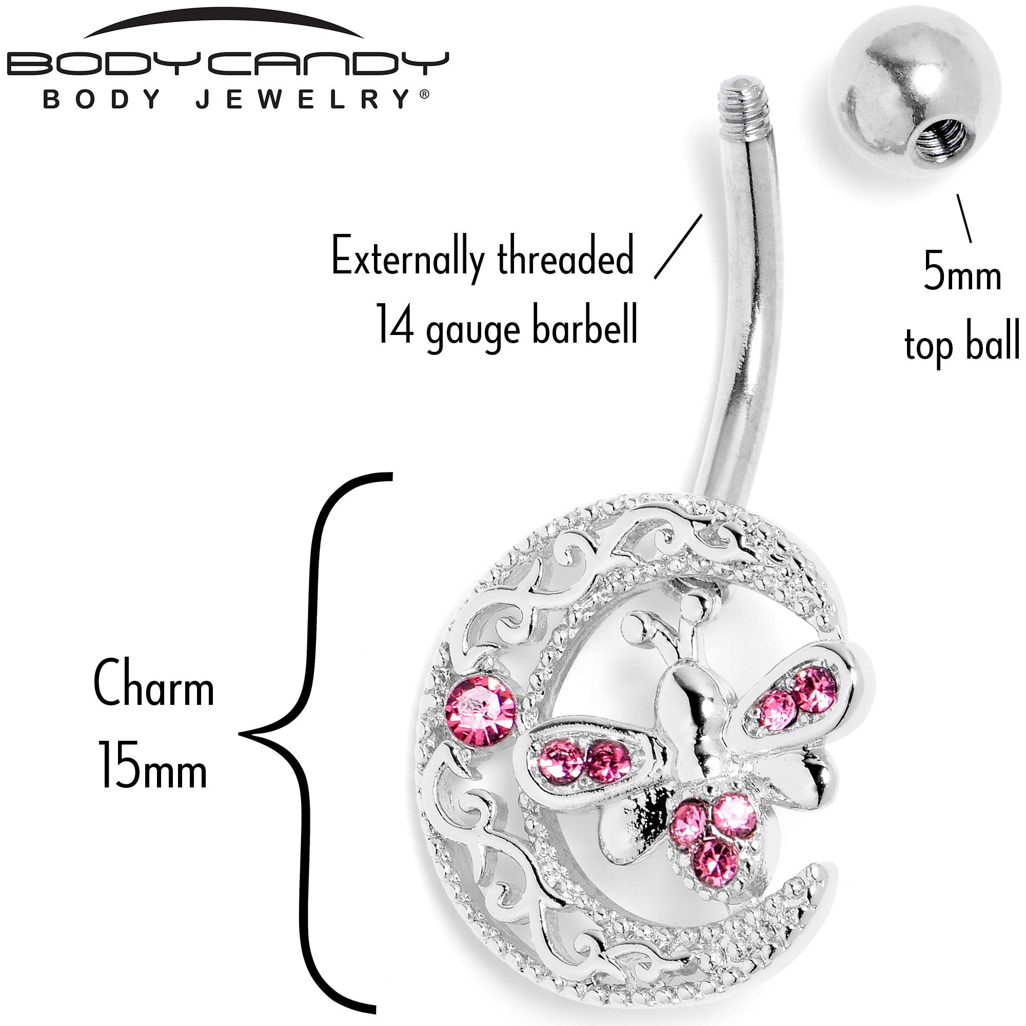 BodyCandy Pink Gem Lunar Dragonfly Belly Ring — back view